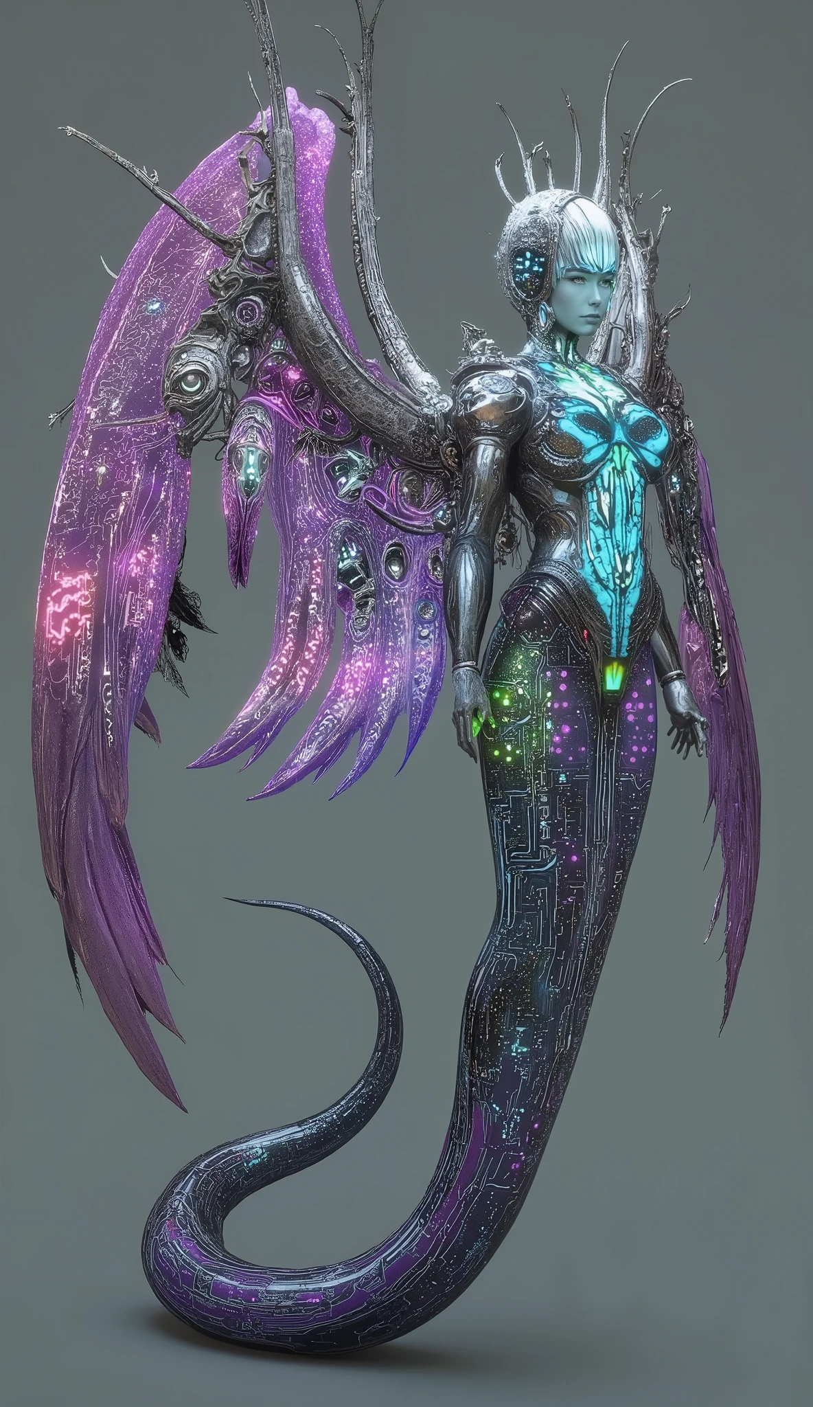 Create a massive, futuristic Serpent Woman, towering above a vast, quantum cyber city. Her upper body is human, but armored in sleek, advanced combat gear, featuring futuristic plating, glowing circuits, and neon accents, giving her the appearance of a high-tech warrior. The armor is intricately designed, with smooth, metallic surfaces and sharp geometric edges that reflect the pulsating energy of the city. Her porcelain skin peeks through the armor, adorned with glowing circuit-like patterns, adding a blend of organic elegance and cutting-edge technology. Her long, flowing hair is a cascade of metallic silver, interwoven with electric-blue strands, pulsating like living wires, and glowing with powerful energy. Her eyes emit a radiant, vibrant glow, brimming with ancient knowledge and futuristic power. Below her waist, her body seamlessly transforms into a colossal, coiling serpent tail, covered in iridescent scales that shimmer in neon shades of purple, green, and blue. The scales are etched with intricate digital patterns, flickering with energy that mirrors the city’s high-tech environment. From her back, massive translucent wings unfold, resembling glowing digital grids and shimmering holograms. These wings pulse with electric energy, amplifying the overwhelming power flowing through her serpent tail. She stands amidst the towering spires and luminous streets of a quantum cyber city, with neon lights and holographic projections illuminating the futuristic landscape. The city is a vast expanse of interconnected metallic structures, glowing circuit patterns running along the surfaces, creating an awe-inspiring, technological wonder. The air is filled with energy and digital hums, a perfect fusion of nature, technology, and quantum innovation. Her imposing, yet graceful presence exudes both beauty and supreme power, as if she is the protector and ruler of this futuristic world, balancing both the ancient and the cutting-edge.