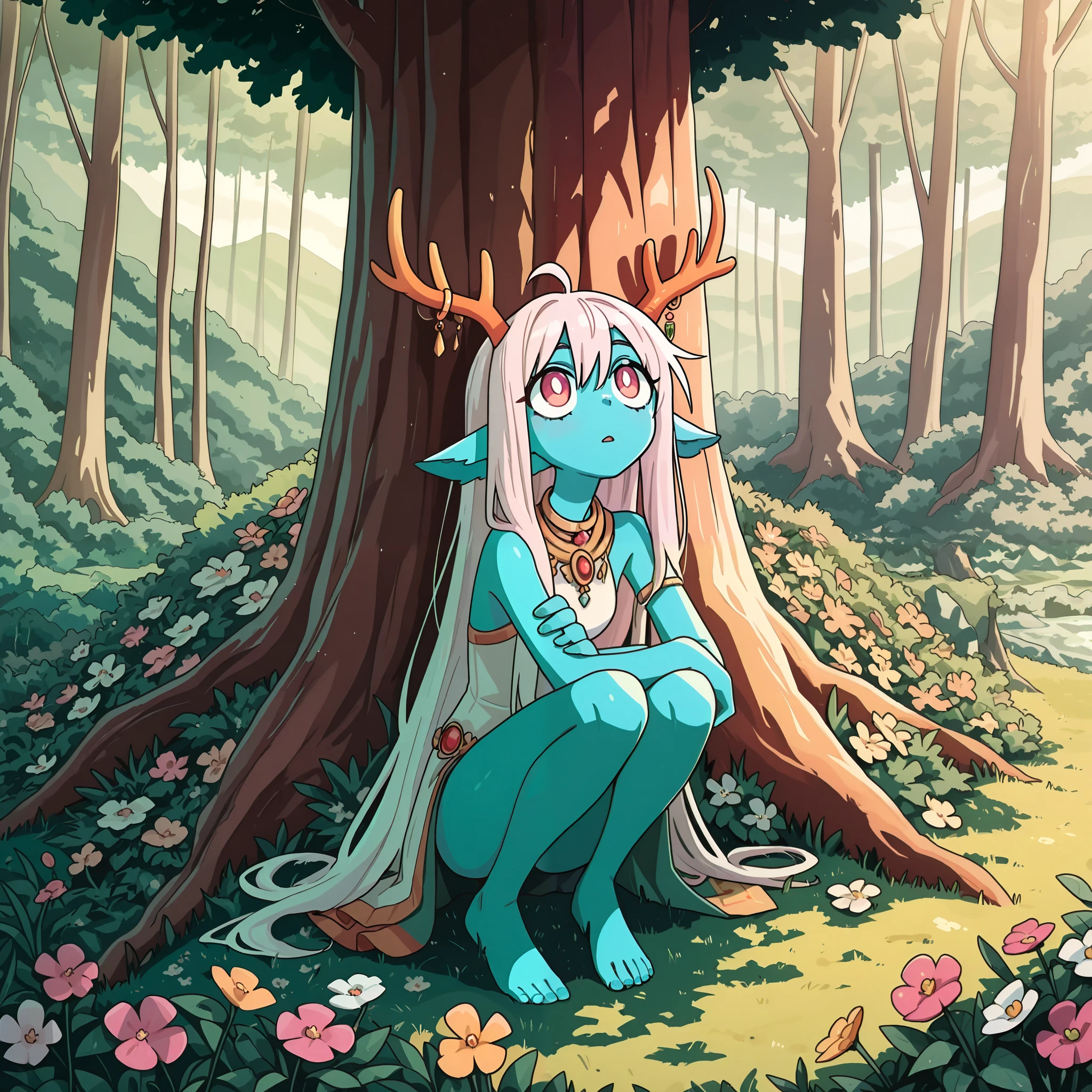 masterpiece, best quality, amazing quality, very aesthetic, high resolution, ultra-detailed, absurdres, newest, Anime screencap, highly detailed, high quality, hyper-Detailed, mistico_IL. BREAK. antlers, solo, horns, flower, colored skin, barefoot, 1girl, looking up, sitting, outdoors, nature, squatting, tree, jewelry