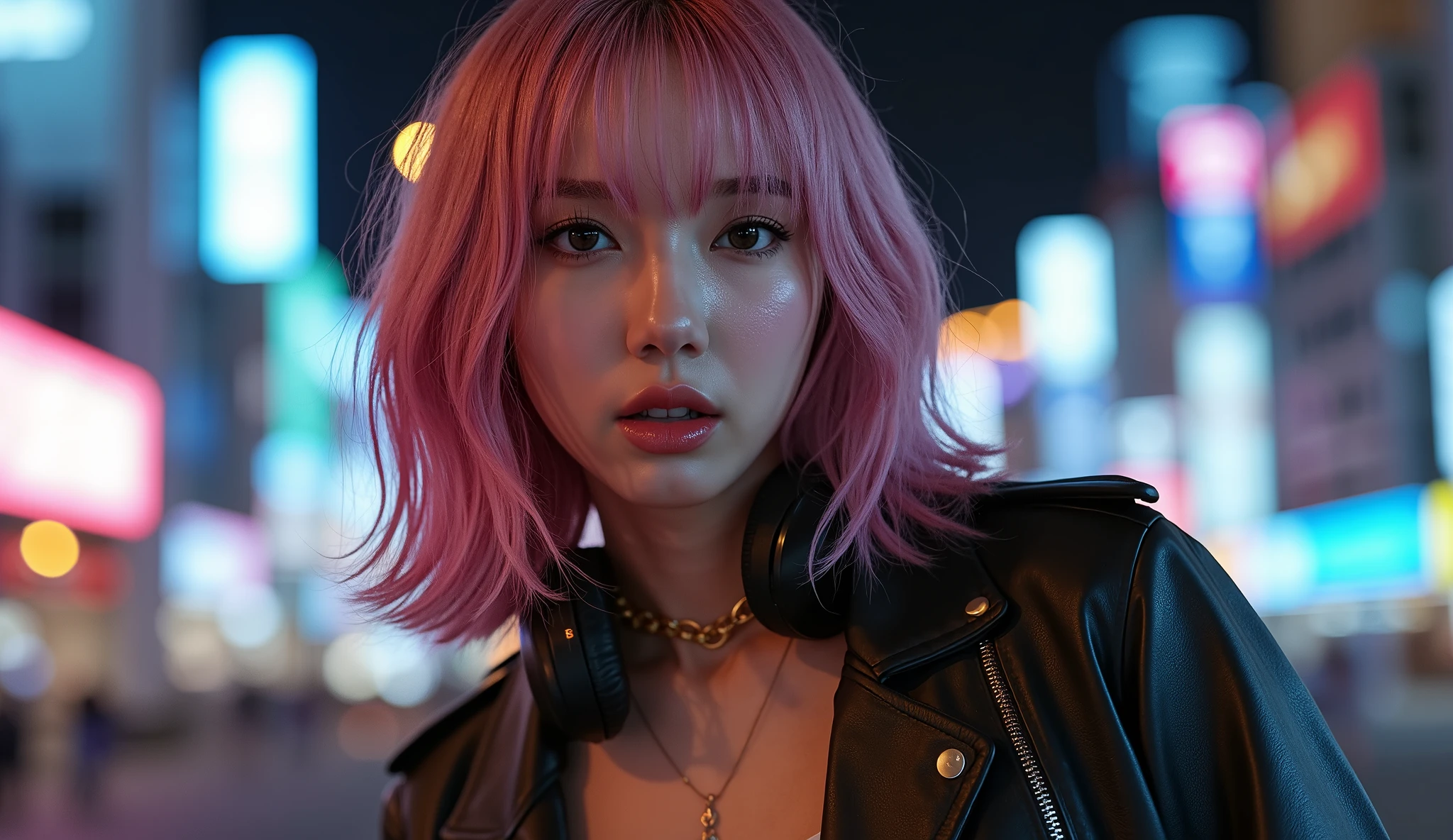 whole body、 leather jacket、Beautiful waistline、Navel sticking out、 low angle、美しいprofile、The best photos for TikTok、 pink hair、 sink、profile、golden inner color hair、 short hair、Beauty、 dynamic angle、ヘッドフォンをしているBeauty、Night city background with neon lights