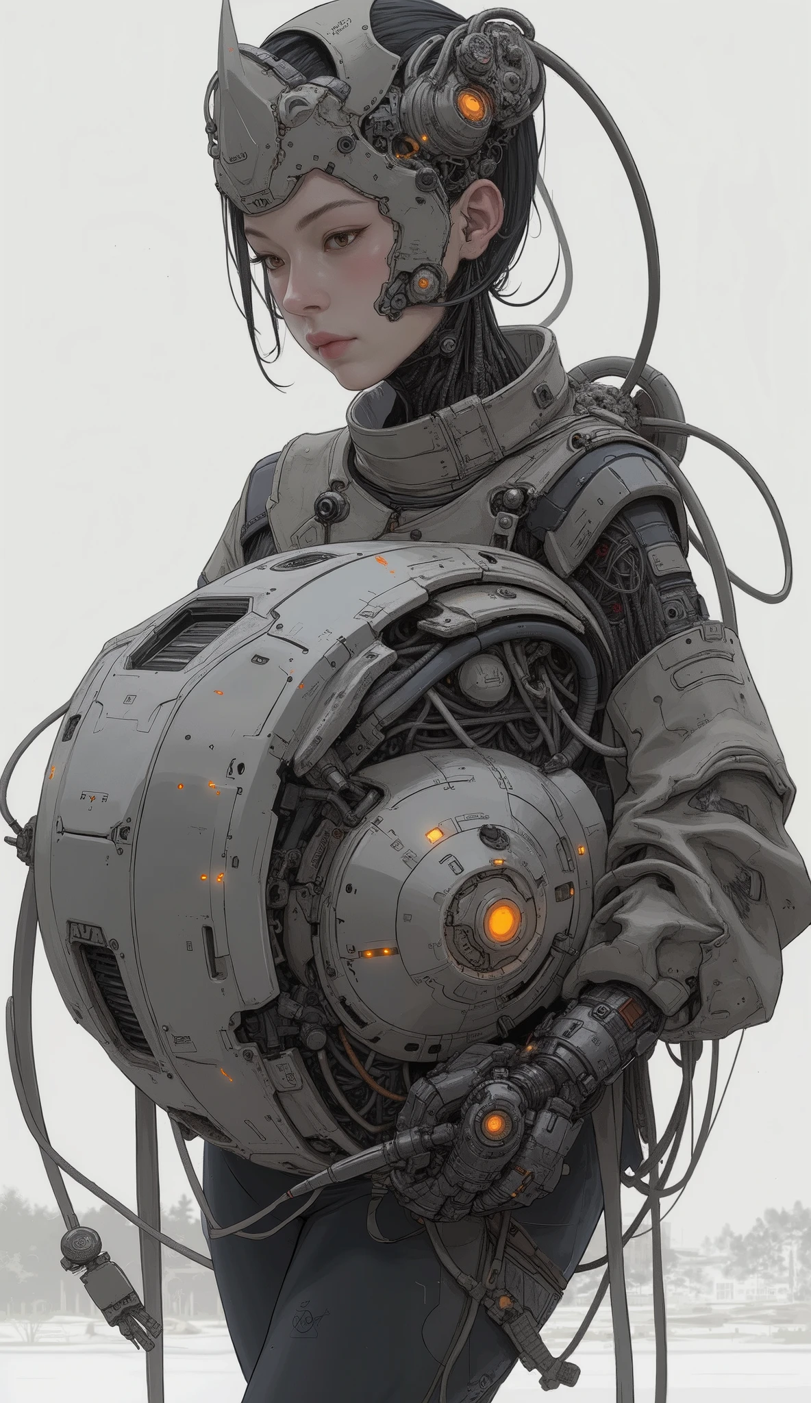 close-up of a person in a bodysuit holding a huge object, epic Sci-Fi Characters art, 壮大なSci-Fi Charactersアート, Pure concept art, Feng Zhu concept art , beautiful robot character design , Sci-Fi Characters, science fiction character concept , epic scifi character art, Female Mecha, Smooth Digital Concept Art , sci-fi character concept