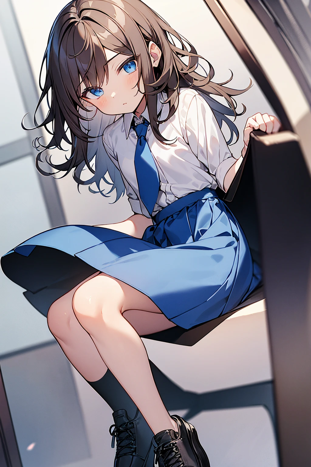bright dull brown hair , Full hair , shot , side hair long , reverse princess cut , ~ blue eyes , Round Eyes , white dress shirt , A Young Man Wearing a Blue Tie , blue skirt , Bare legs , black sneakers