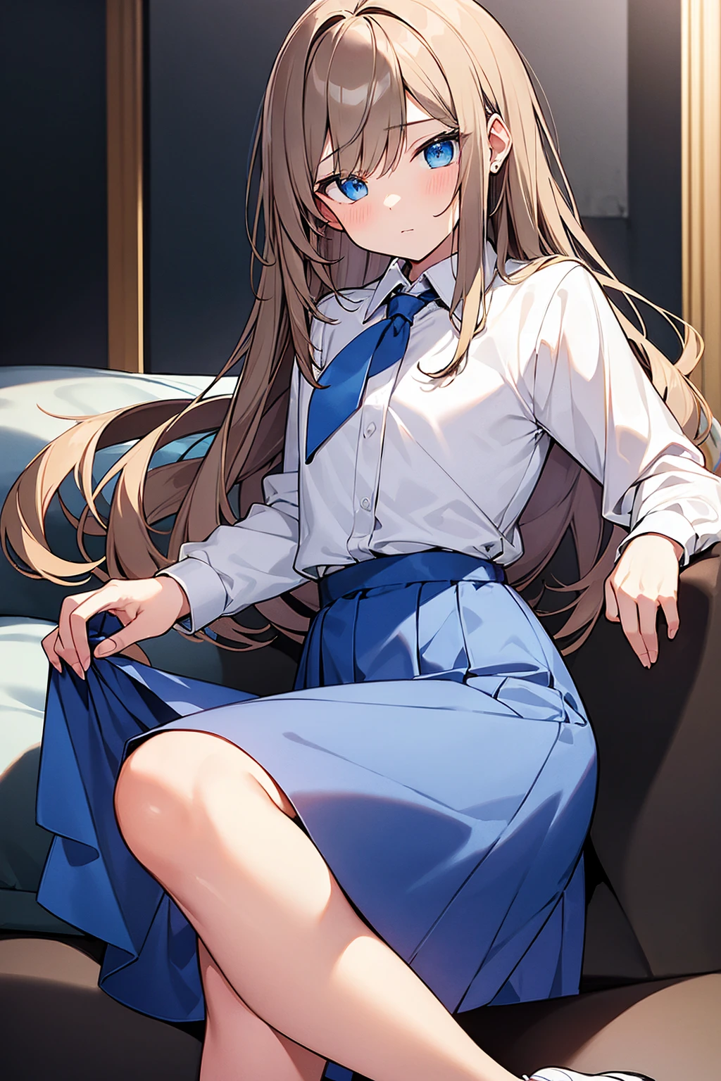 masterpiece, best quality, high quality, beautiful anime character, solo, anime girl with brown hair, soft hair, long hair, blue eyes, cat ears, big breasts, mature female, tall female, big girl, thick, (calming face, light smile, loving eyes), indoors, (white shirts, white panties, dark blue pleated skirt), cat tail, from below view, school girl, white socks, sitting, panties peeking, crotch highlighting, 