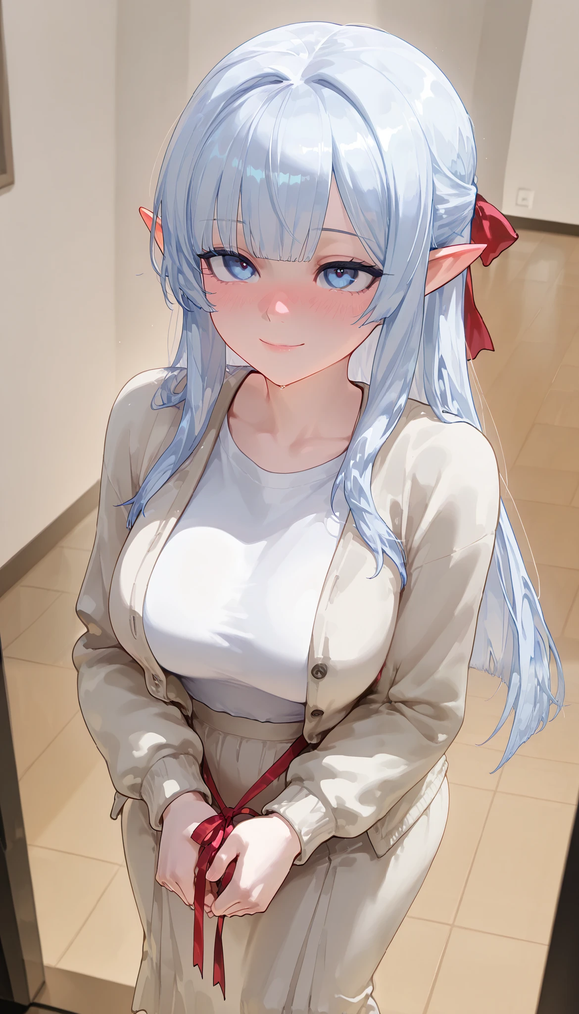 ( best quality), ( more), ( best picture ), (masterpiece), A beautiful and mature elf woman with a feminine body,  perfect body ratio,  very small hair , very small face,  perfect anatomy ,  anatomically accurate,  Ideal Proportion Body Proportion,  Is in perfect shape ,  perfect style, Perfect balance,  Delicate Facial Features ,  beautiful detailed women ,  VERY DETAILED eyes and face , Half updo,  Realistic Facials , 정말istic beautiful face, 정말istic beautiful eyes,  pale white skin with a pink tint, Vivid blue eyes , Thin lips, (Gradient from white to blue hair, hime cut, medium long hair, I'm wearing a red ribbon on my back.),  medium boobs, slender, (The floor of a tidy living room in a modern woman's stylish home.) light smile, ( beige thin cardigan,  white long-sleeved polar t-shirt , Beige long skirt ), full-face blush. eye contact. looking up. feet out of frame.