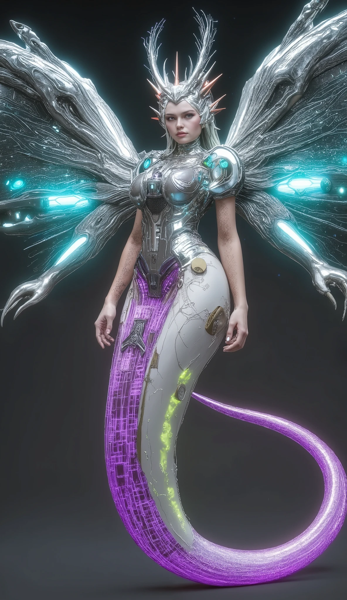 Create a massive, futuristic Serpent Woman, towering above a vast, quantum cyber city. Her upper body is human, but armored in sleek, advanced combat gear, featuring futuristic plating, glowing circuits, and neon accents, giving her the appearance of a high-tech warrior. The armor is intricately designed, with smooth, metallic surfaces and sharp geometric edges that reflect the pulsating energy of the city. Her porcelain skin peeks through the armor, adorned with glowing circuit-like patterns, adding a blend of organic elegance and cutting-edge technology. Her long, flowing hair is a cascade of metallic silver, interwoven with electric-blue strands, pulsating like living wires, and glowing with powerful energy. Her eyes emit a radiant, vibrant glow, brimming with ancient knowledge and futuristic power. Below her waist, her body seamlessly transforms into a colossal, coiling serpent tail, covered in iridescent scales that shimmer in neon shades of purple, green, and blue. The scales are etched with intricate digital patterns, flickering with energy that mirrors the city’s high-tech environment. From her back, massive translucent wings unfold, resembling glowing digital grids and shimmering holograms. These wings pulse with electric energy, amplifying the overwhelming power flowing through her serpent tail. She stands amidst the towering spires and luminous streets of a quantum cyber city, with neon lights and holographic projections illuminating the futuristic landscape. The city is a vast expanse of interconnected metallic structures, glowing circuit patterns running along the surfaces, creating an awe-inspiring, technological wonder. The air is filled with energy and digital hums, a perfect fusion of nature, technology, and quantum innovation. Her imposing, yet graceful presence exudes both beauty and supreme power, as if she is the protector and ruler of this futuristic world, balancing both the ancient and the cutting-edge.
