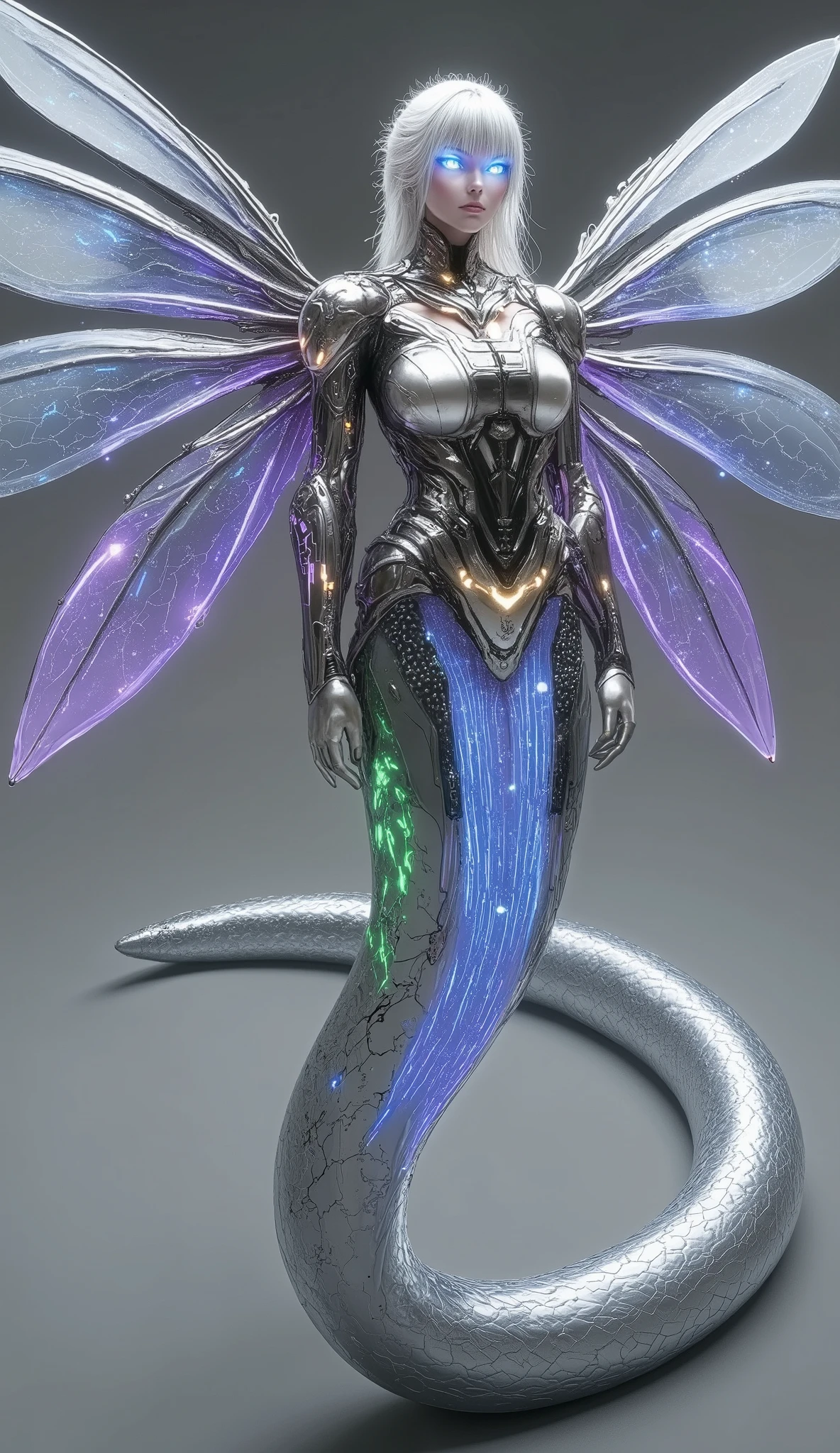 Create a massive, futuristic Serpent Woman, towering above a vast, quantum cyber city. Her upper body is human, but armored in sleek, advanced combat gear, featuring futuristic plating, glowing circuits, and neon accents, giving her the appearance of a high-tech warrior. The armor is intricately designed, with smooth, metallic surfaces and sharp geometric edges that reflect the pulsating energy of the city. Her porcelain skin peeks through the armor, adorned with glowing circuit-like patterns, adding a blend of organic elegance and cutting-edge technology. Her long, flowing hair is a cascade of metallic silver, interwoven with electric-blue strands, pulsating like living wires, and glowing with powerful energy. Her eyes emit a radiant, vibrant glow, brimming with ancient knowledge and futuristic power. Below her waist, her body seamlessly transforms into a colossal, coiling serpent tail, covered in iridescent scales that shimmer in neon shades of purple, green, and blue. The scales are etched with intricate digital patterns, flickering with energy that mirrors the city’s high-tech environment. From her back, massive translucent wings unfold, resembling glowing digital grids and shimmering holograms. These wings pulse with electric energy, amplifying the overwhelming power flowing through her serpent tail. She stands amidst the towering spires and luminous streets of a quantum cyber city, with neon lights and holographic projections illuminating the futuristic landscape. The city is a vast expanse of interconnected metallic structures, glowing circuit patterns running along the surfaces, creating an awe-inspiring, technological wonder. The air is filled with energy and digital hums, a perfect fusion of nature, technology, and quantum innovation. Her imposing, yet graceful presence exudes both beauty and supreme power, as if she is the protector and ruler of this futuristic world, balancing both the ancient and the cutting-edge.