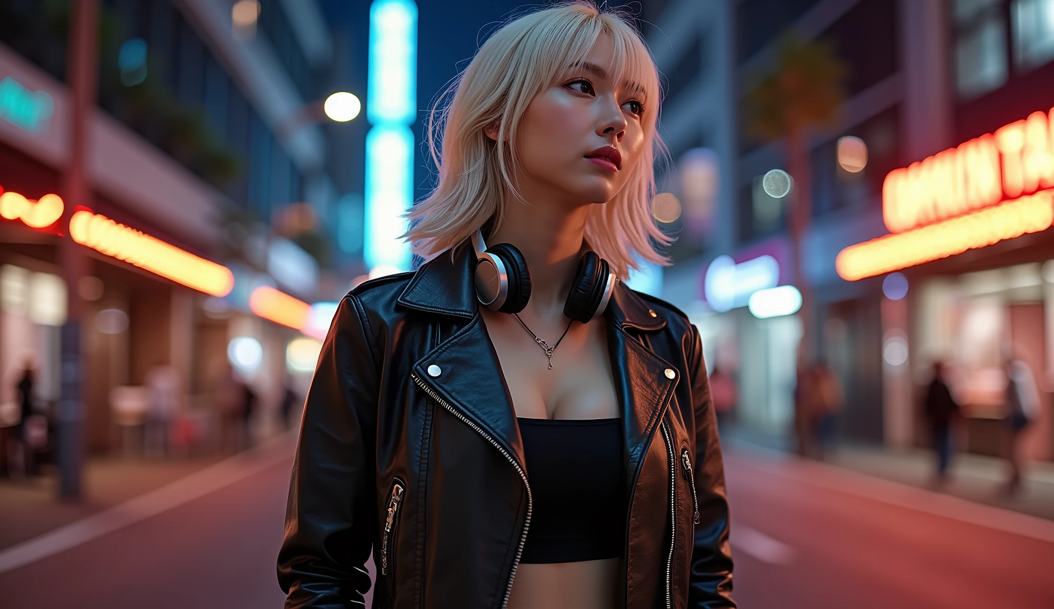 whole body、 leather jacket、 look up at the sky、Beautiful waistline、Navel sticking out、 low angle、美しいprofile、The best photos for TikTok、 white hair、 sink、profile、golden inner color hair、 short hair、Beauty、 dynamic angle、ヘッドフォンをしているBeauty、Night city background with neon lights