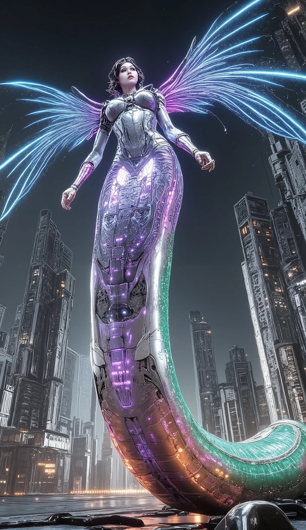 Create a massive, futuristic Serpent Woman, towering above a vast, quantum cyber city. Her upper body is human, but armored in sleek, advanced combat gear, featuring futuristic plating, glowing circuits, and neon accents, giving her the appearance of a high-tech warrior. The armor is intricately designed, with smooth, metallic surfaces and sharp geometric edges that reflect the pulsating energy of the city. Her porcelain skin peeks through the armor, adorned with glowing circuit-like patterns, adding a blend of organic elegance and cutting-edge technology. Her long, flowing hair is a cascade of metallic silver, interwoven with electric-blue strands, pulsating like living wires, and glowing with powerful energy. Her eyes emit a radiant, vibrant glow, brimming with ancient knowledge and futuristic power. Below her waist, her body seamlessly transforms into a colossal, coiling serpent tail, covered in iridescent scales that shimmer in neon shades of purple, green, and blue. The scales are etched with intricate digital patterns, flickering with energy that mirrors the city’s high-tech environment. From her back, massive translucent wings unfold, resembling glowing digital grids and shimmering holograms. These wings pulse with electric energy, amplifying the overwhelming power flowing through her serpent tail. She stands amidst the towering spires and luminous streets of a quantum cyber city, with neon lights and holographic projections illuminating the futuristic landscape. The city is a vast expanse of interconnected metallic structures, glowing circuit patterns running along the surfaces, creating an awe-inspiring, technological wonder. The air is filled with energy and digital hums, a perfect fusion of nature, technology, and quantum innovation. Her imposing, yet graceful presence exudes both beauty and supreme power, as if she is the protector and ruler of this futuristic world, balancing both the ancient and the cutting-edge.