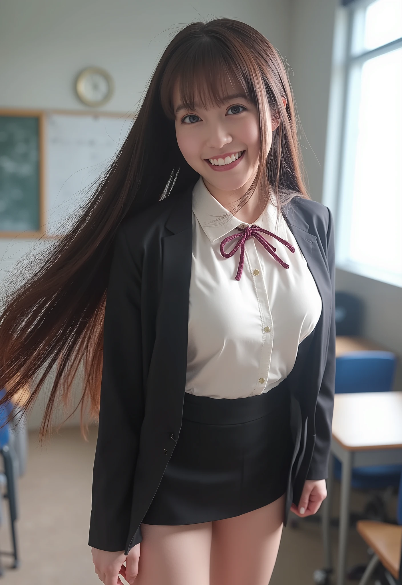 ((((( high school girl、 school uniform)))))、smile、( long hair:1.5), upper body, school classroom、、 Big Breasts 、 Busty breasts、 Viewers are delighted to see my nipples