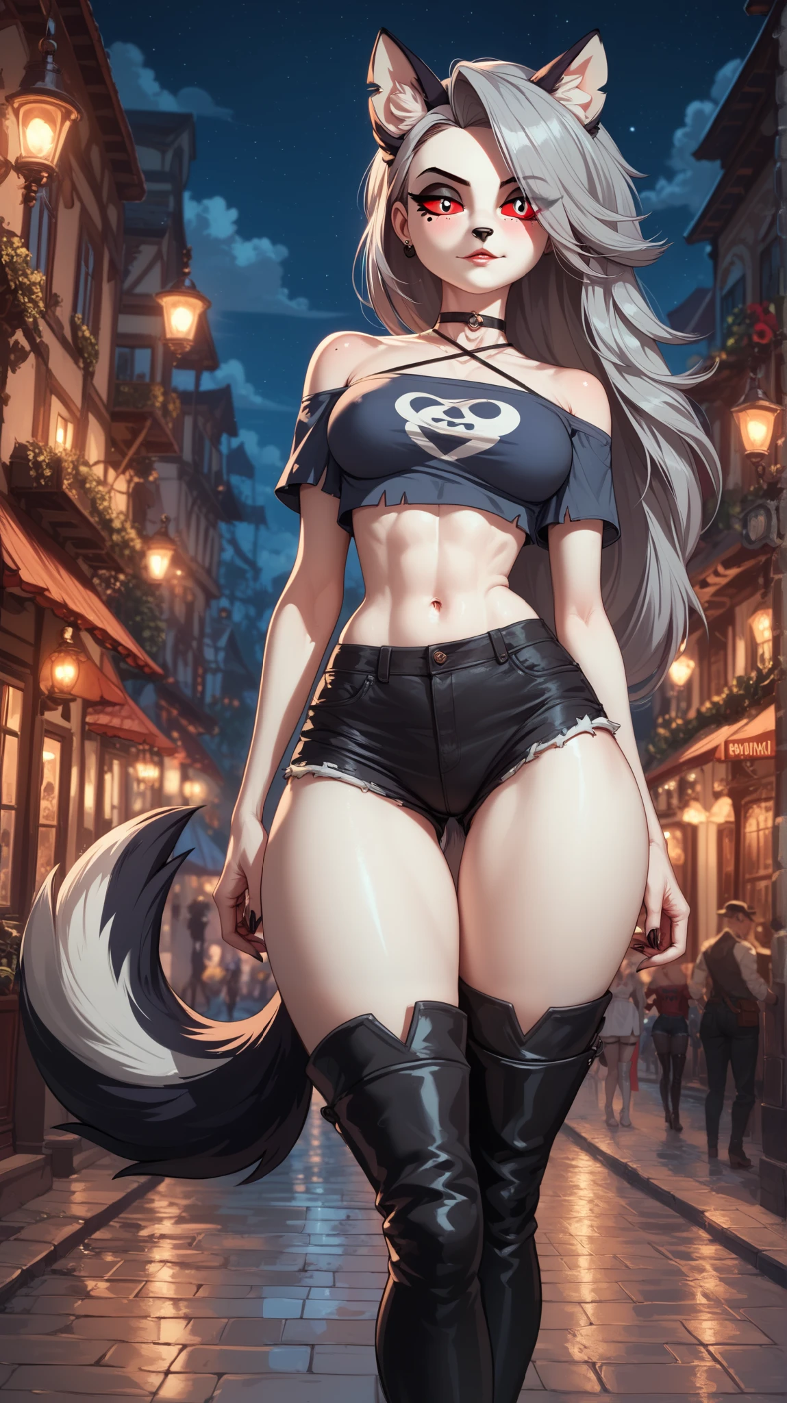 Perfect eyes, perfectly sexy face , extremely detailed, looking at the spectator, red eyes, loona, hazbin hotel, wide hips , animal ear, animal ears , animal nose, tail, shorts brancos, short shorts , thigh boots, short top, apenas_shoulder, Fantasy, night, standing,