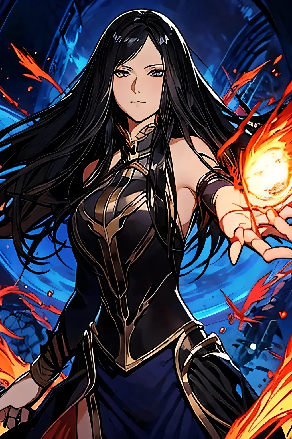 anime, a woman with long hair and a sword in her hand, black - haired mage, fire mage, by Yang J, a beautiful sorceress, beautiful sorceress, sorceress, /!\ the sorceress, lava and fire goddess, appears as the fire goddess, dark sorceress, the sorceress casting a fireball