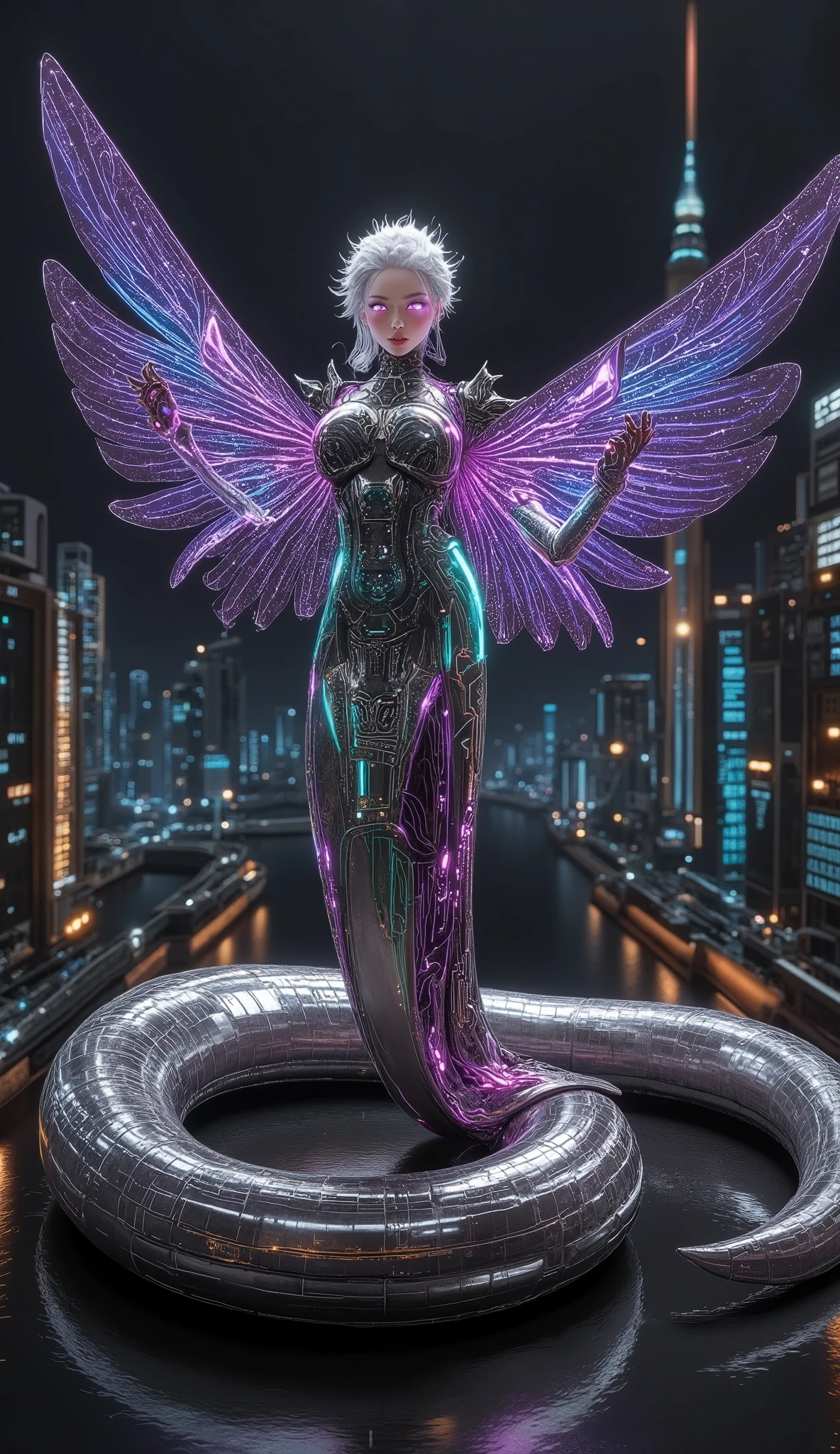 Create a massive, futuristic Serpent Woman, towering above a vast, quantum cyber city. Her upper body is human, but armored in sleek, advanced combat gear, featuring futuristic plating, glowing circuits, and neon accents, giving her the appearance of a high-tech warrior. The armor is intricately designed, with smooth, metallic surfaces and sharp geometric edges that reflect the pulsating energy of the city. Her porcelain skin peeks through the armor, adorned with glowing circuit-like patterns, adding a blend of organic elegance and cutting-edge technology. Her long, flowing hair is a cascade of metallic silver, interwoven with electric-blue strands, pulsating like living wires, and glowing with powerful energy. Her eyes emit a radiant, vibrant glow, brimming with ancient knowledge and futuristic power. Below her waist, her body seamlessly transforms into a colossal, coiling serpent tail, covered in iridescent scales that shimmer in neon shades of purple, green, and blue. The scales are etched with intricate digital patterns, flickering with energy that mirrors the city’s high-tech environment. From her back, massive translucent wings unfold, resembling glowing digital grids and shimmering holograms. These wings pulse with electric energy, amplifying the overwhelming power flowing through her serpent tail. She stands amidst the towering spires and luminous streets of a quantum cyber city, with neon lights and holographic projections illuminating the futuristic landscape. The city is a vast expanse of interconnected metallic structures, glowing circuit patterns running along the surfaces, creating an awe-inspiring, technological wonder. The air is filled with energy and digital hums, a perfect fusion of nature, technology, and quantum innovation. Her imposing, yet graceful presence exudes both beauty and supreme power, as if she is the protector and ruler of this futuristic world, balancing both the ancient and the cutting-edge.
