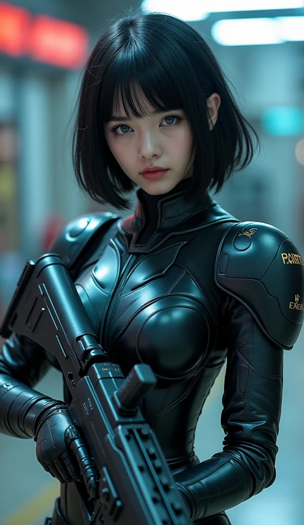 High quality, ultra-realistic images of women.  The woman is of Japanese and Russian descent..  Powerful Features, Fair skin.  Dark brown bob cut, Dark Eyes.  The woman is wearing a semi-futuristic metallic battle suit..  She has a gun and a knife strapped to her body..  Beautiful woman smiling.  Her eyes shine with hatred.、Cleavage、Middle school students、15 year old pretty girl、Super big breasts