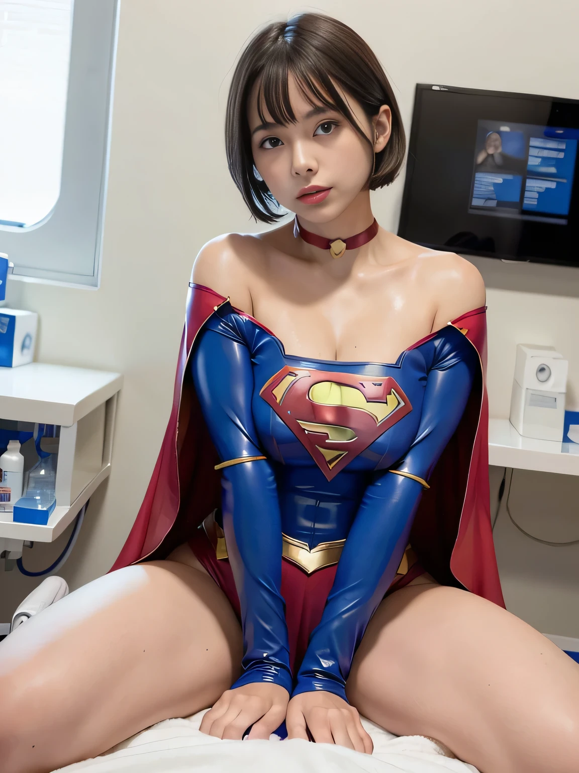 masterpiece、Enamel Supergirl Costume、Short Hair、Hospital operating table、Crisis situation、Big and ample breasts、looking at the camera、Shiny、Off the shoulder、choker、Long sleeve、exy poses to seduce、Sweaty skin、Model Body Type、Alluring、charm、Enchanting、Abused、test subject、victim、Wild、Photorealistic、latex、High leg leotard、Belly button、Leg spread、