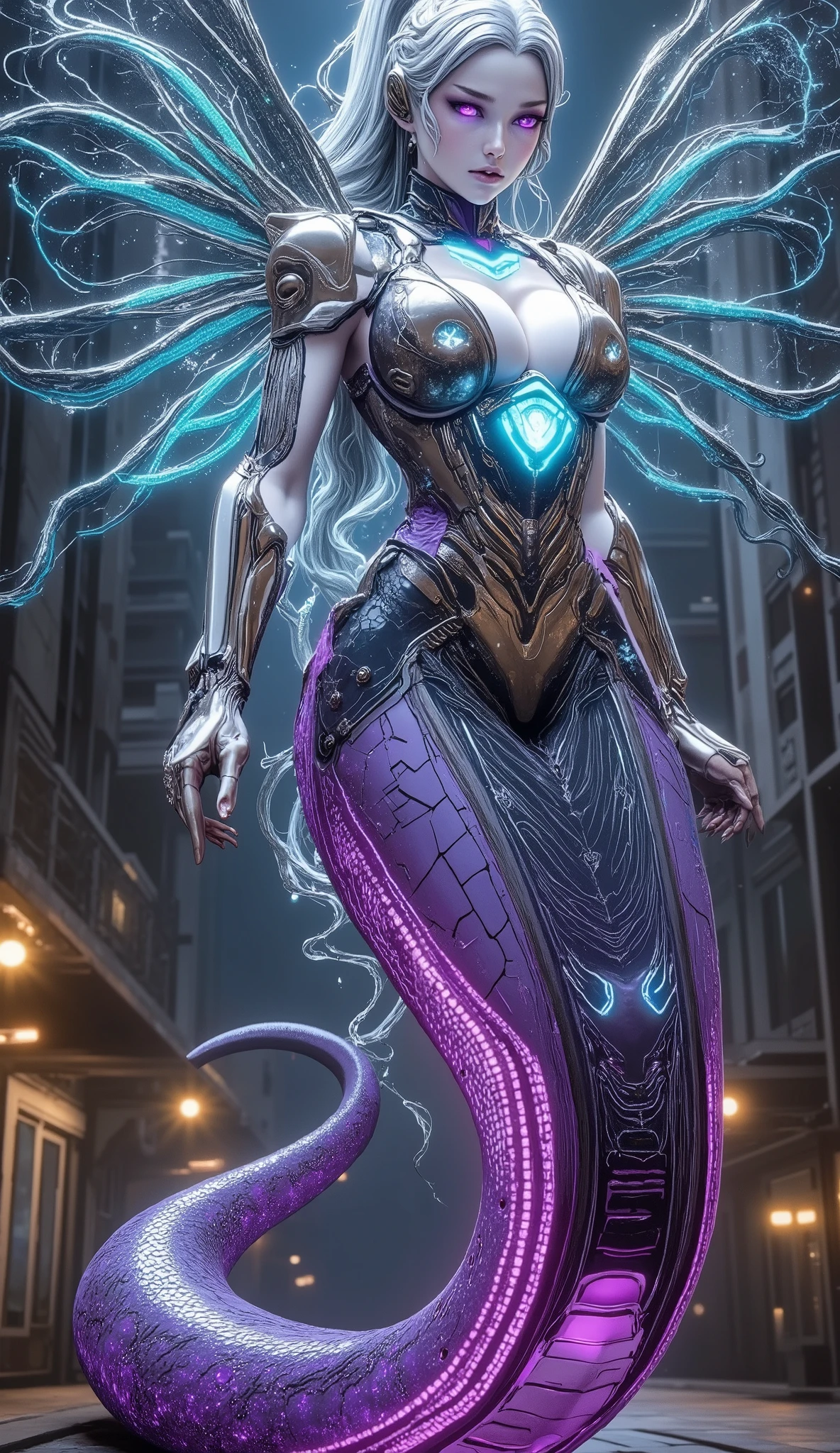 Create a massive, futuristic Serpent Woman, towering above a vast, quantum cyber city. Her upper body is human, but armored in sleek, advanced combat gear, featuring futuristic plating, glowing circuits, and neon accents, giving her the appearance of a high-tech warrior. The armor is intricately designed, with smooth, metallic surfaces and sharp geometric edges that reflect the pulsating energy of the city. Her porcelain skin peeks through the armor, adorned with glowing circuit-like patterns, adding a blend of organic elegance and cutting-edge technology. Her long, flowing hair is a cascade of metallic silver, interwoven with electric-blue strands, pulsating like living wires, and glowing with powerful energy. Her eyes emit a radiant, vibrant glow, brimming with ancient knowledge and futuristic power. Below her waist, her body seamlessly transforms into a colossal, coiling serpent tail, covered in iridescent scales that shimmer in neon shades of purple, green, and blue. The scales are etched with intricate digital patterns, flickering with energy that mirrors the city’s high-tech environment. From her back, massive translucent wings unfold, resembling glowing digital grids and shimmering holograms. These wings pulse with electric energy, amplifying the overwhelming power flowing through her serpent tail. She stands amidst the towering spires and luminous streets of a quantum cyber city, with neon lights and holographic projections illuminating the futuristic landscape. The city is a vast expanse of interconnected metallic structures, glowing circuit patterns running along the surfaces, creating an awe-inspiring, technological wonder. The air is filled with energy and digital hums, a perfect fusion of nature, technology, and quantum innovation. Her imposing, yet graceful presence exudes both beauty and supreme power, as if she is the protector and ruler of this futuristic world, balancing both the ancient and the cutting-edge.