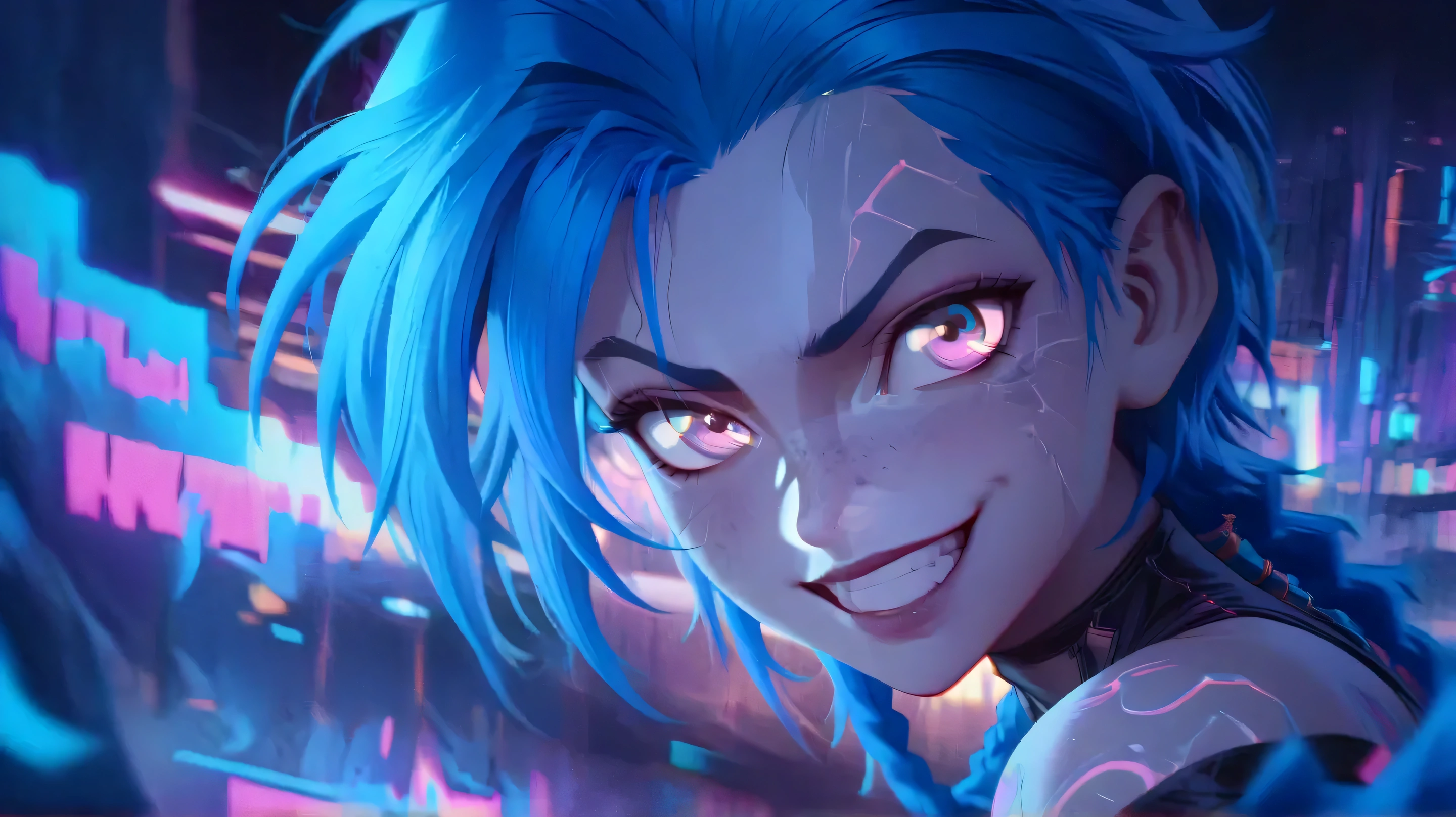 a close up of a person with blue hair and tattoos, arcane jinx, arcane jinx, arcane jinx, jinx from league of legends, dynamic fighting pose, detailed and expressive smile, vibrant and inspired cartoon, epic digital artistic illustration, art style fantastic, cyberpunk art style, vibrant pastel rossdraws, jinx centered, a cyberpunk neon futuristic city behind backdrop