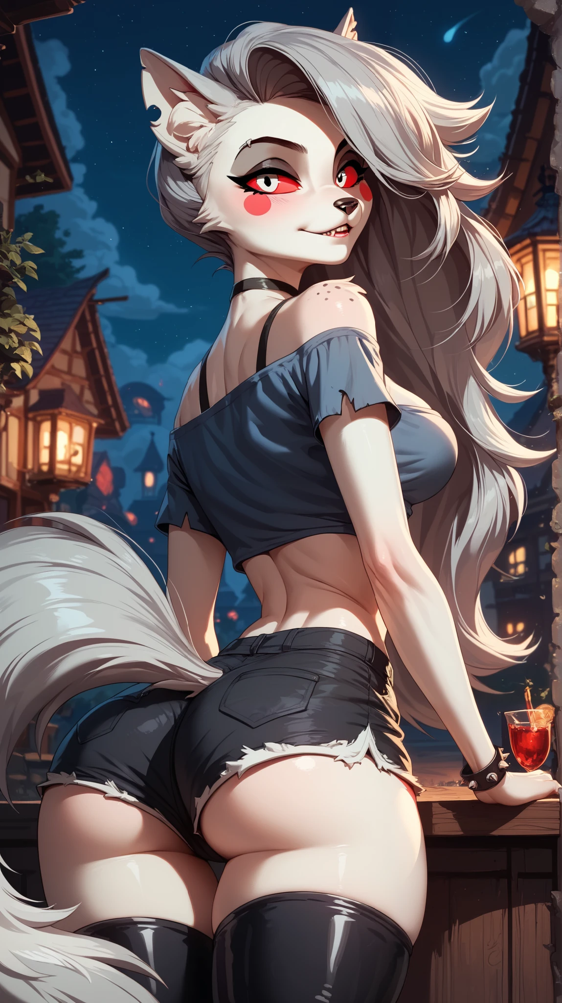 Perfect eyes, perfectly sexy face , extremely detailed, looking at the spectator, red eyes, loona, hazbin hotel, wide hips , animal ear, animal ears , animal nose, tail, shorts brancos, short shorts , thigh boots, short top, apenas_shoulder, Fantasy, night, rear view ,