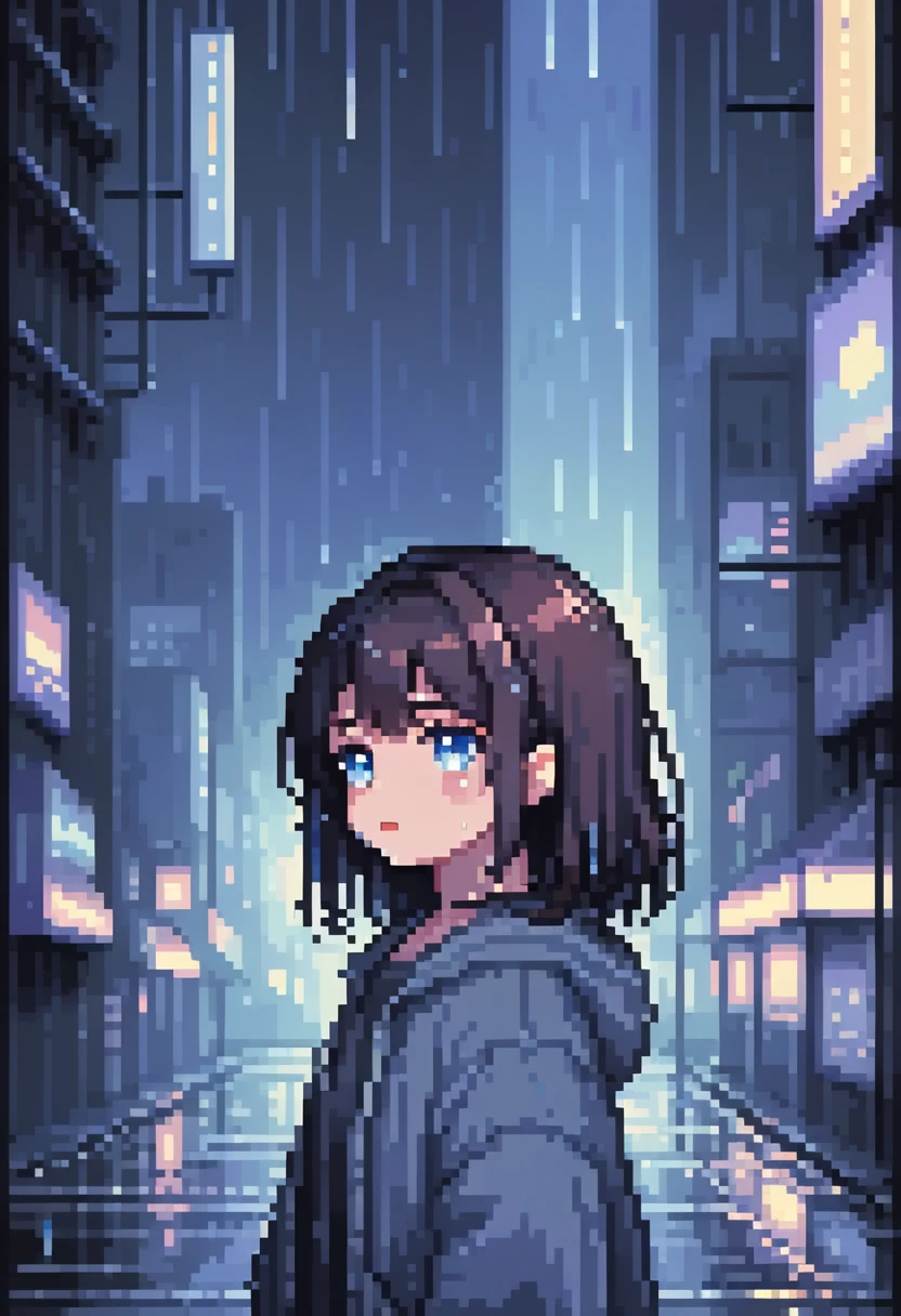 a girl with dark dark hair and blue eyes sheds tears,Blue Style , is a portrait of a city ,The city is blurred ,Black building, atmosphere, low fidelity retro video game , Pixel Art Animation ,Detailed pixel art, 32-bit pixel art, Pixel rain, pixel art by Girokazze, High Quality Pixel Art , Pixel art style , beautiful Detailed pixel art, 8 位像素艺术 lofi art style, lofi portrait,lofi art , lofi colors, # pixelart:3, lofi feel, lo-fi art, /r/ pixelart, lofi, anime style. 8k