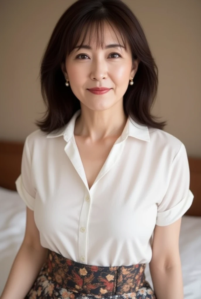 Japanese women, ((Highest quality)), ((Intricate details)), (((超Realistic)), irrational solution, The Law of Perspective, Very detailed, Realistic, 1. Mature Woman, ((50age)), ((( Facial wrinkles, Wrinkles around the eyes, Nasolabial folds))), ,Perfect hands, Finger details, Beautiful and beautiful eyes, ponytail, (Wearing an open-chested shirt:1.2), Tight Skirt, Detailed Background, , Perfect Eyes, Captivating eyes, ((View your viewers))、Tight Skirt、Thighs、(bedroom)