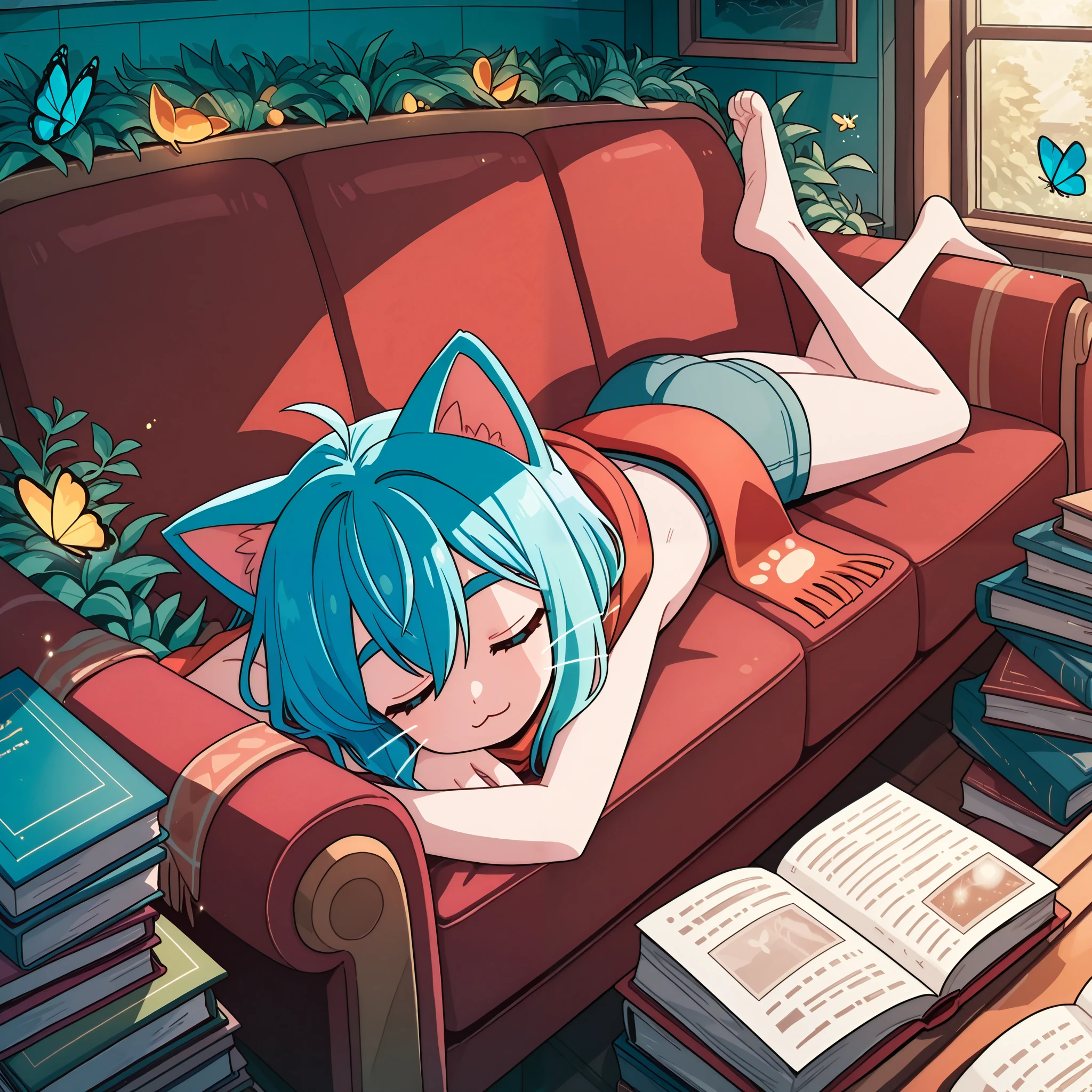 masterpiece, best quality, amazing quality, very aesthetic, high resolution, ultra-detailed, absurdres, newest, Anime screencap, highly detailed, high quality, hyper-Detailed, mistico_IL. BREAK. 1girl, book stack, couch, book, blue hair, closed eyes, :3, androgynous, lying, other focus, animal ears, solo, bug, sleeping, scarf, on couch, indoors, cat hat, cat ears, on stomach, butterfly, whiskers, closed mouth