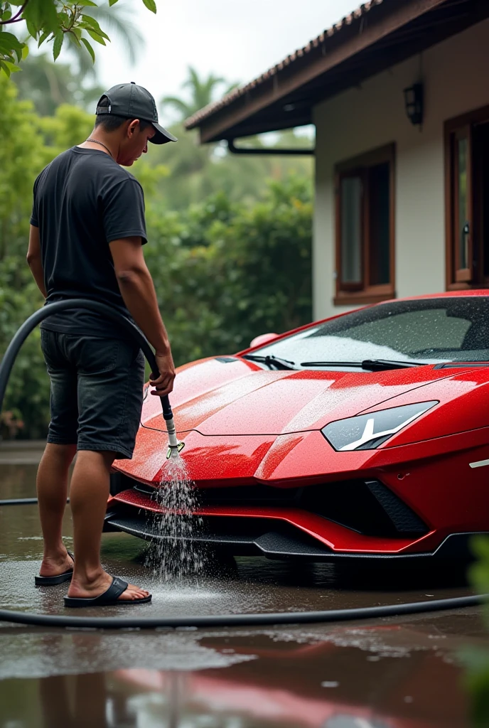 1 man washing a car with a hose in front of a house, flaunting his wealth, handsome detailed face, stocky musculine wrester big biceps, big arms, big body, shirtless, wearing white long transparent, pants which is wet looking with water, bodywash off in the rain, adorned with all kind of plants, commercial shot, amidst of nature and tropical plants, covered in plants,