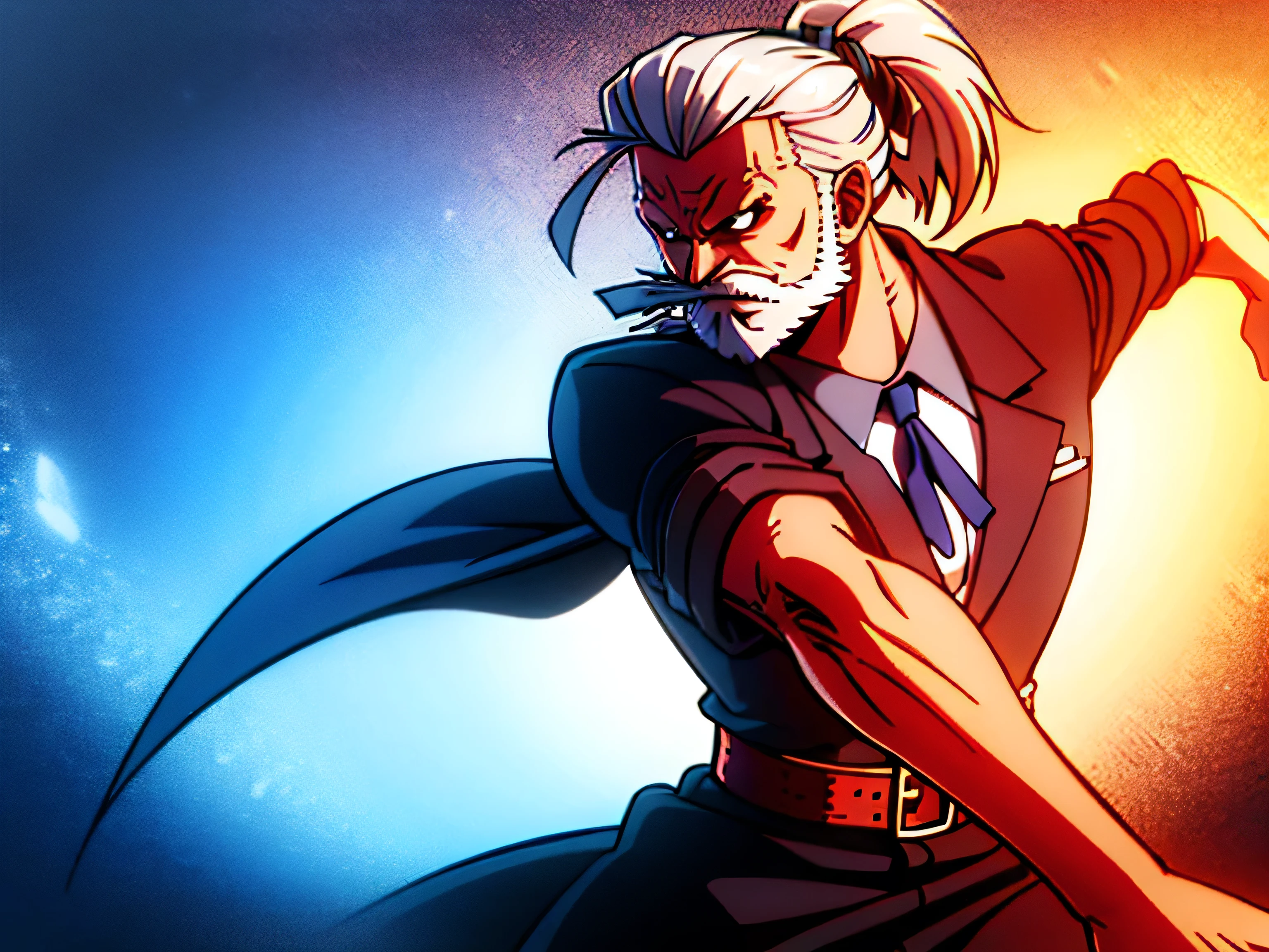Short, white-bearded man, Use two hand crossbows, one in each hand, Big gray hair tied like a ponytail