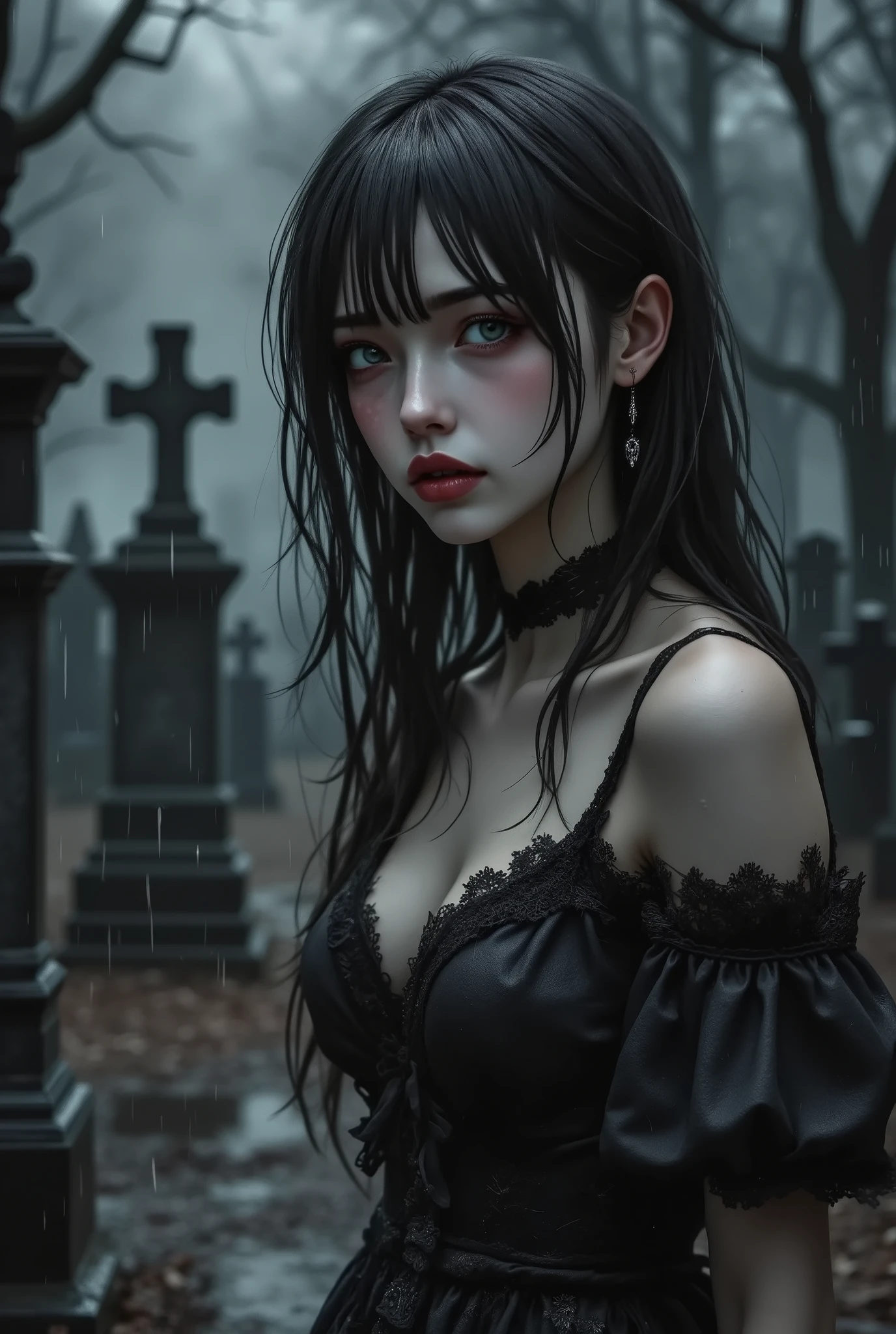 masterpiece, best quality, 8k, highres, ultra-detailed, HDR, UHD, ultra-fine painting, dark gothic style, eerie cemetery at night, (heavy rain falling steadily), wet and shiny gravestones, derelict graveyard,gothic girl with drenched hair, slightly tilting her head downward, piercing gray eyes glowing faintly in the dim light, staring intensely at the viewer, intricate black gothic dress with lace details, walking slowly with gravestones in the background, somber and unsettling atmosphere, wet ground reflecting faint light, overcast sky with heavy rain clouds, melancholic and mysterious mood, subtle highlights on raindrops and wet surfaces