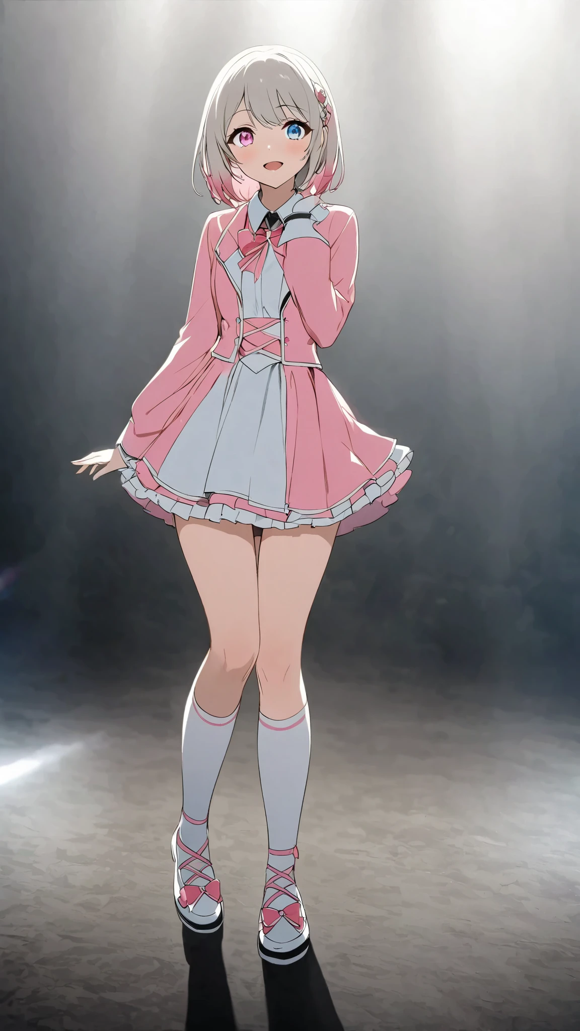 pink costume、 Pink Jacket 、 white shirt、Gray Hair、Gray Hairに毛先はピンク、白の Long Sleeve 、 pink ribbon がついた high socks、 pink ribbon 、 idol costume、White medium hair with pink tips 、Pink hair with pink tips、 Long Sleeve 、Beautiful Absolute Realm 、full body knee socks 、、白く short hair 、Beautiful Absolute Realm 、Alone、、、Depiction of fine eyes 、 short hair 、