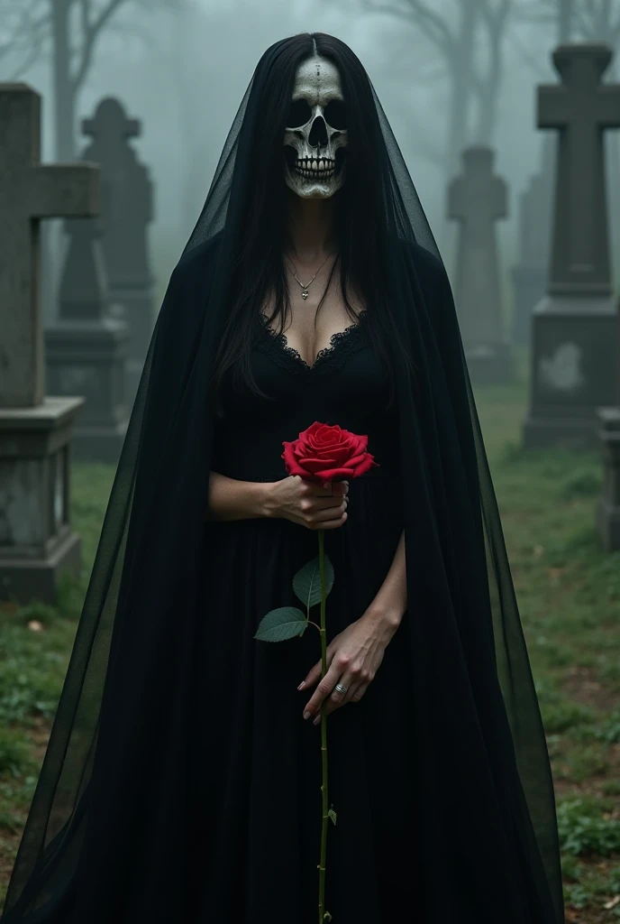 A 40 year old sensual Japanese woman, malicious smile, very beautiful, straight black hair down to the butt, half skeleton face and half woman, all black dress, black veil on her head and a red rose in her hand, in the background a large cemetery and a full moon night