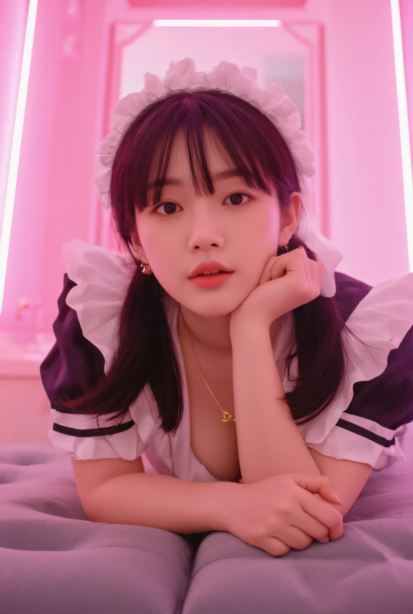 ((top quality)), ((masterpiece)), (Details),one Japanese girl, age 18,japanese idol face,droopy eyes,smile ,open mouth,look at me ,face shot,black tying hair, white skin ,french maid costume,ribbon accents,cleavage, small gold earrings,small gold necklace,(accurate anatomy:1.3),on all fours on gray air mattress,neon pink light,large mirror on the wall,pink buthtub,pink wall,
