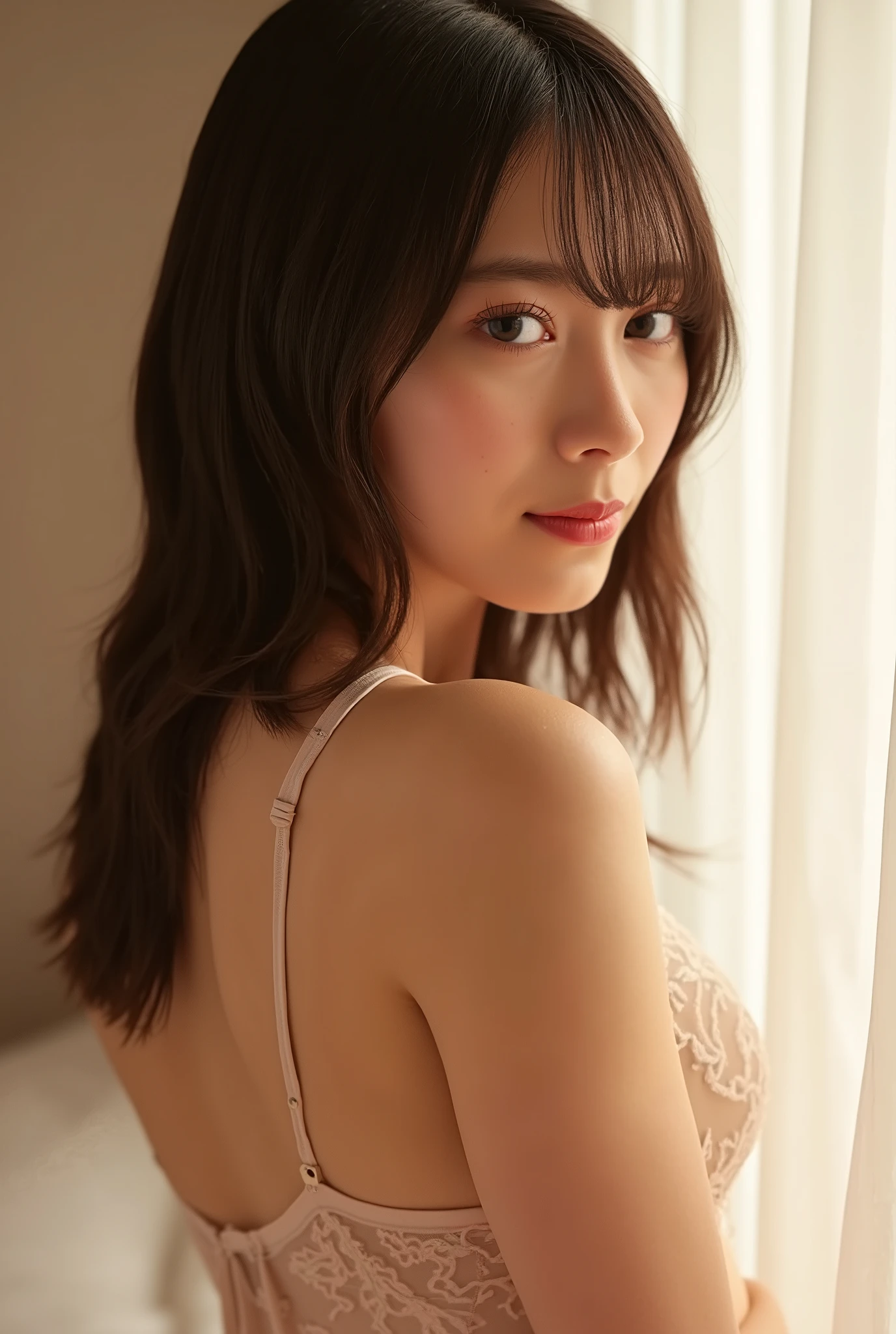 (masterpiece, highest quality:1.2), (one girl with a very good figure),(shy smile), solo, (((facing forward, looking at the viewer))), (beautiful breasts),(has bangs), (medium-long hair), ((sexy negligee only)), beautiful detailed eyes, beautiful detailed lips, highly detailed face, long eyelashes, sharp focus, realistic, photo-realistic, bedroom, highly detailed, hyper-realistic, bright interior,