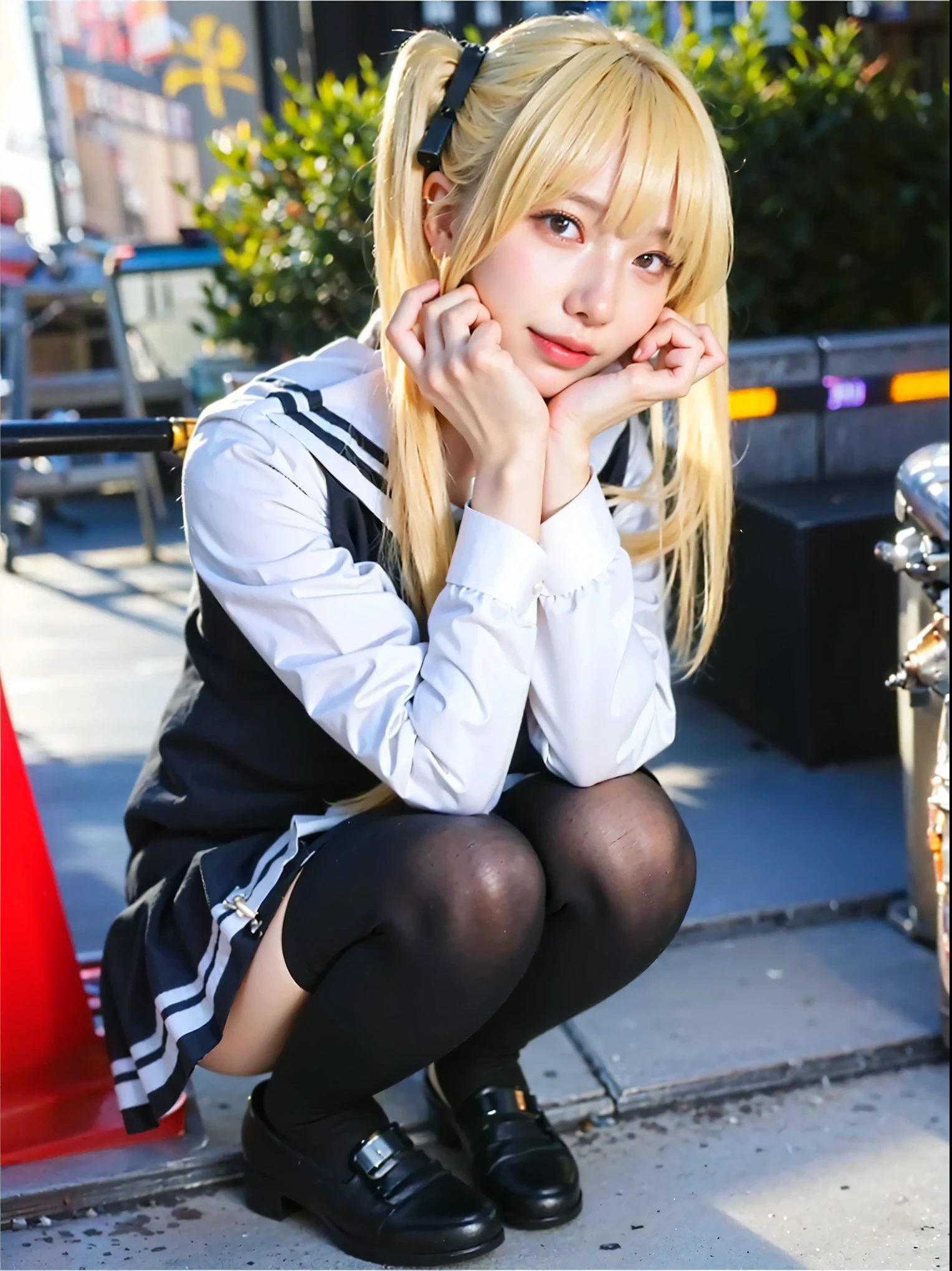 (Completely live action:1.37), (Amazingly realistic textures:1.37), (masterpiece, best quality:1.2), (8k uhd, 16k, 32k, ultra high res), amazingly realistic skin, amazingly realistic photo, superrealism, (photorealistic:1.37), (RAW photo), ultimately realistic, (ultimately realistic all details), (ultimately realistic all textures), super realistic lighting, super realistic shadow, (japanese girl:1.5), ((young face)), smiling, happy, super realistic face, ultimately realistic skin, ultimately realistic eyes, (amazing droopy eye makeup:1.35), ultimately realistic background, ultimately realistic detail up, kkw-ph1, ((amazing droopy eyes, cyberpunk-style cyborg girl, amazingly intricate details, Anatomically perfect hands, mechanical body, silver knight armor, ultra glossy texture, long canine tooth, red eyes))