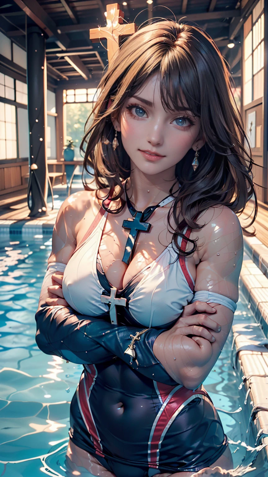 (Highest quality, masterpiece), One girl, Intricate details, Beautifully detailed face, (Minimal Micro Bikini:1.2), See through, View your viewers, Night Pool, blush, Black Hair, Medium Hair, Blunt bangs, Happy, Are standing, Cowboy Shot, 24-year-old female、Sexy proportions、Sexy breasts、Narrow waist、Long eyelashes、Cleavage Emphasis、Split Ponytail((split ponytail))