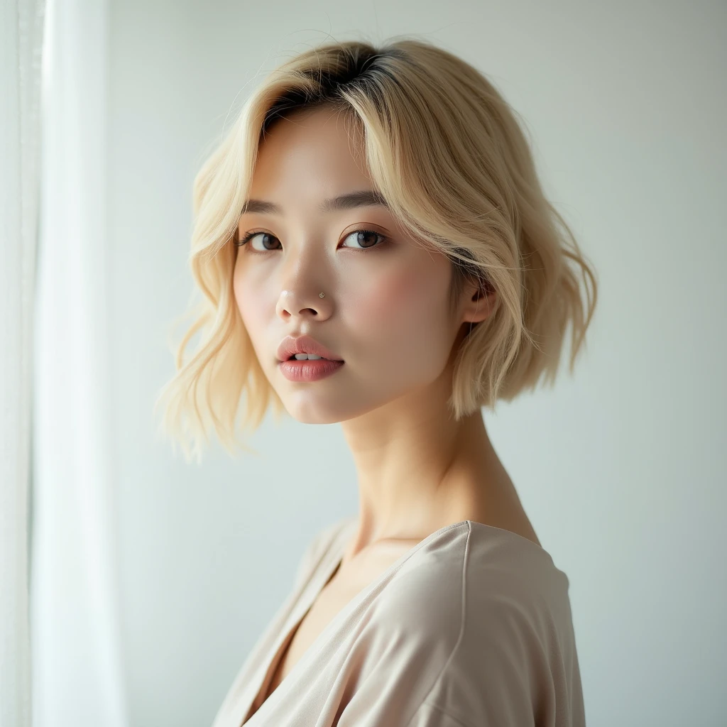 Asian woman with blonde bob hair facing forward slightly to the side, this photo is intended for website applications on the front banner