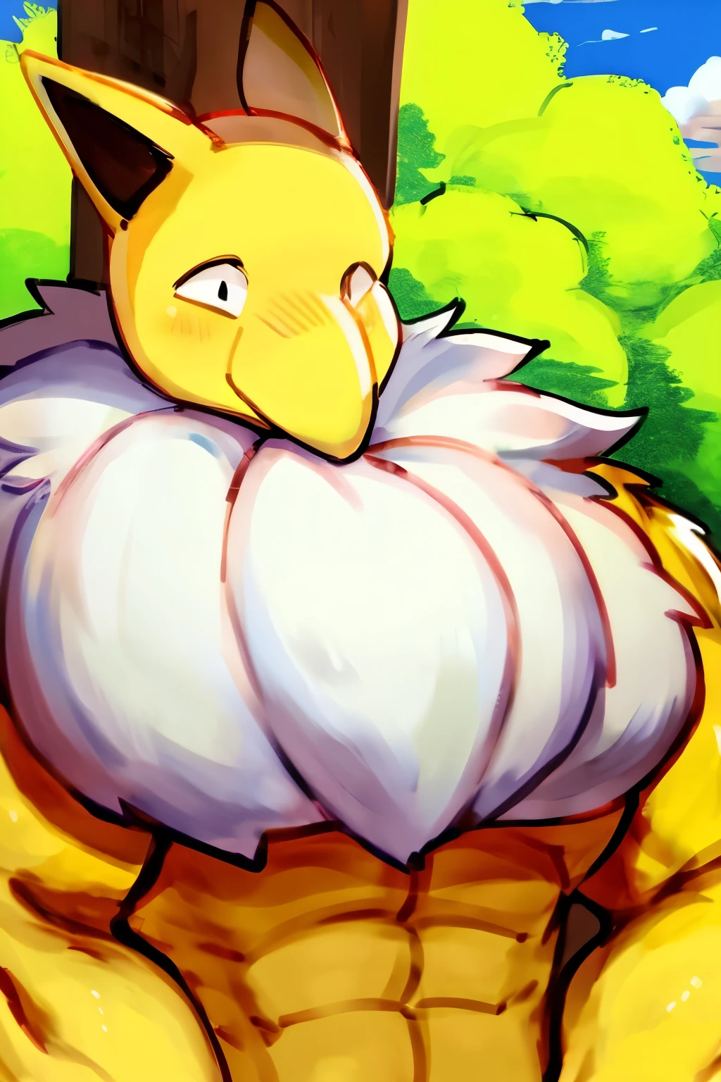 Furry, Anthro, solo, Hypno, Male, (((muscular, massive male pectorals, big pecs, thighs, yellow skin, fluffy neck, wearing white fur around neck))), ((((massive biceps, wide-eyed, head tilt)))), ((((((massive bulky torso)))))), naked, upper body, hands on hips, front view, facing viewer, tree, sky, clouds, by buta99, by zackary911, by bebebebebe, (((digital painting)))