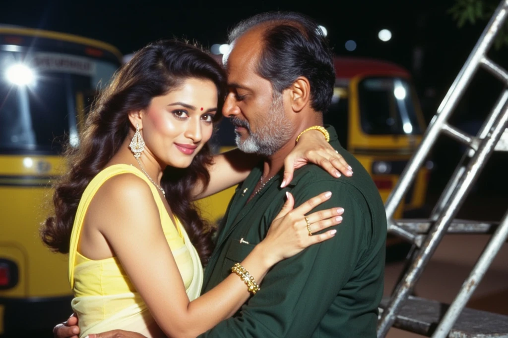 32 years old nayanthara strapless long orange dress big  pressed and hugged from behind by an old men