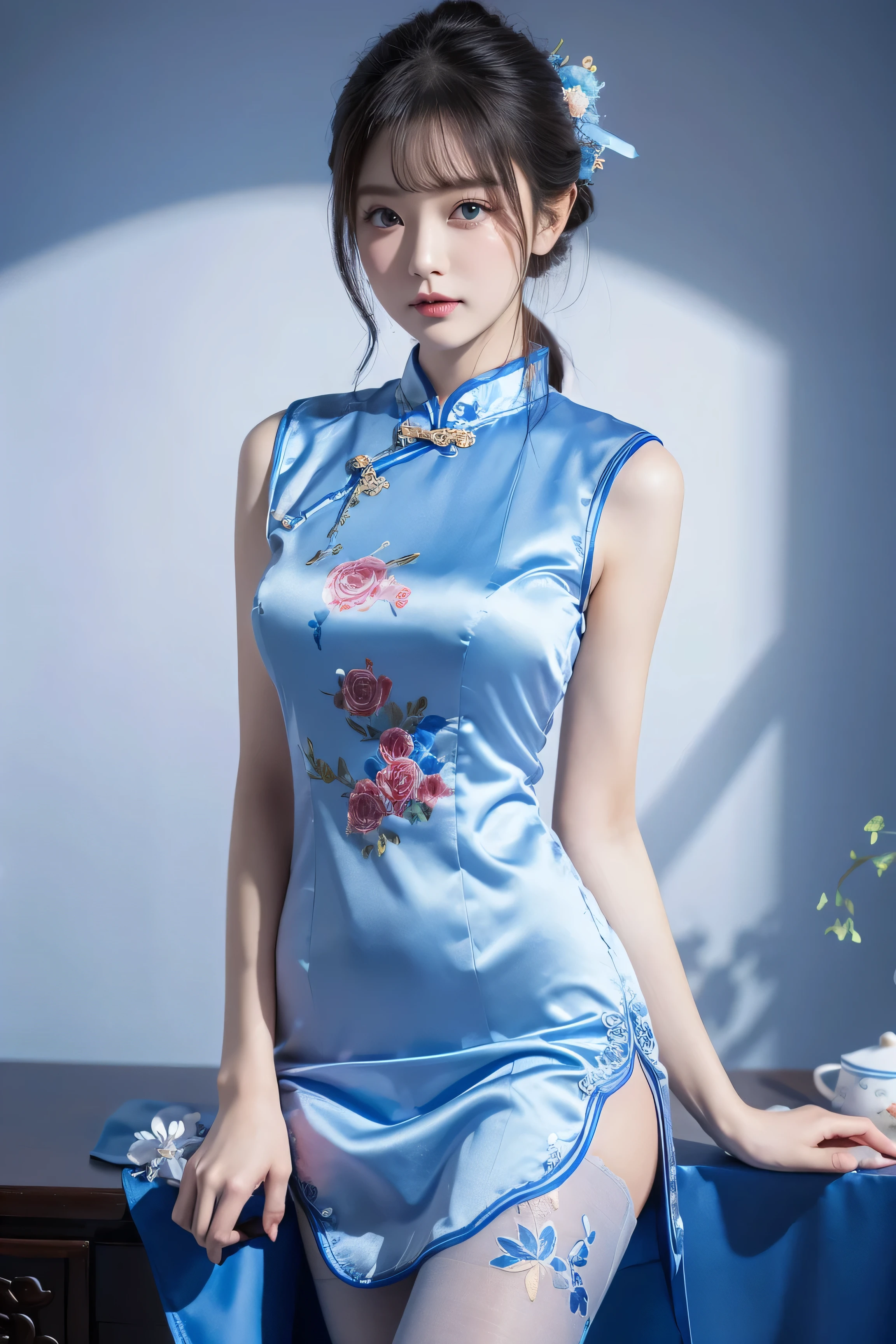 A young girl,Very detailed CG unity 8k wallpaper,(杰作),(best qualitiy),(Ultra detailded),(ultra realistis),Wearing a crystal headdress on a water-patterned bead curtain,wearing a red cheongsam,The clothes are fluttering,The waist-hip part ratio is 0.8,Beautiful and decent,Paired with the charm of Chinese architecture in the background,It looks particularly calm and dignified。