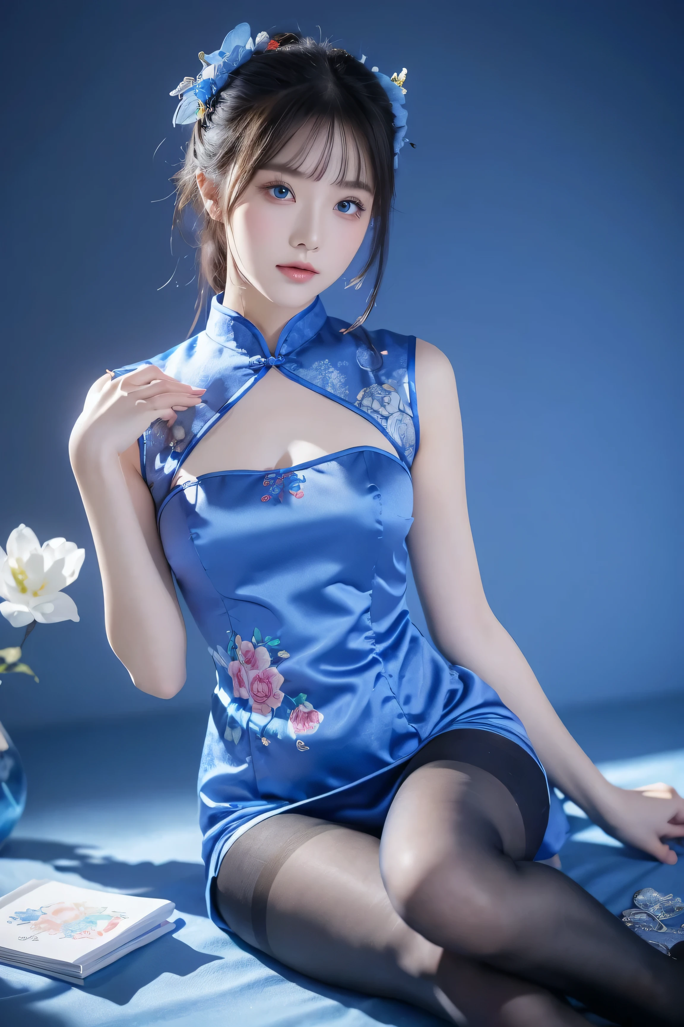 1 girl, fair, 20 years old, White skin, Bare breasts, Sexy pose, sleeveless, ((Chinese cheongsam dress)), ((Chinese Qipao Outfit)), Blue Eyes, muscle, Bokeh, Street Lunar New Year Background, masterpiece, ((night:1.1))