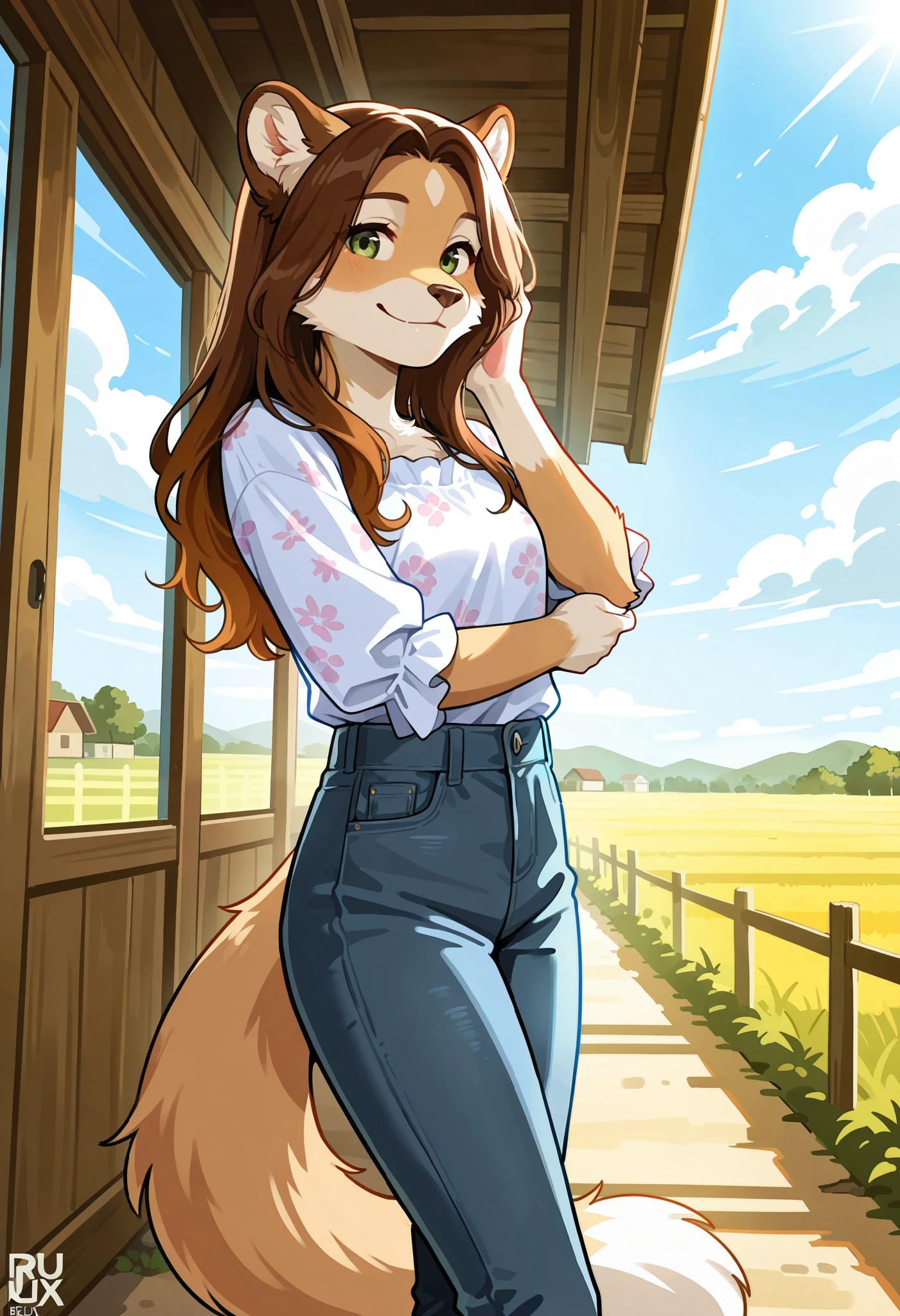 rating_safe, score_9, score_8_up, score_7_up, score_6_up, score_5_up, score_4_up, hires, source_furry(one scene of movie)nature, farm, Blue sky, clouds, florals Beautiful garden(furry anthro, solo, girl, casual fashion, Relux pose, Smile)cinematic lighting, dynamic angle,
