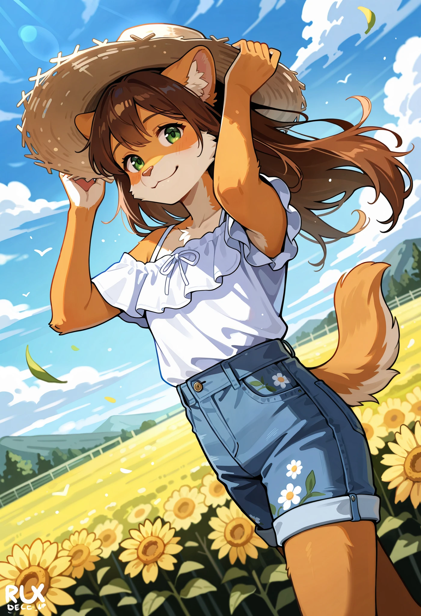 rating_safe, score_9, score_8_up, score_7_up, score_6_up, score_5_up, score_4_up, hires, source_furry(one scene of movie)nature, farm, Blue sky, clouds, florals Beautiful garden(furry anthro, solo, girl, casual fashion, Relux pose, Smile)cinematic lighting, dynamic angle,
