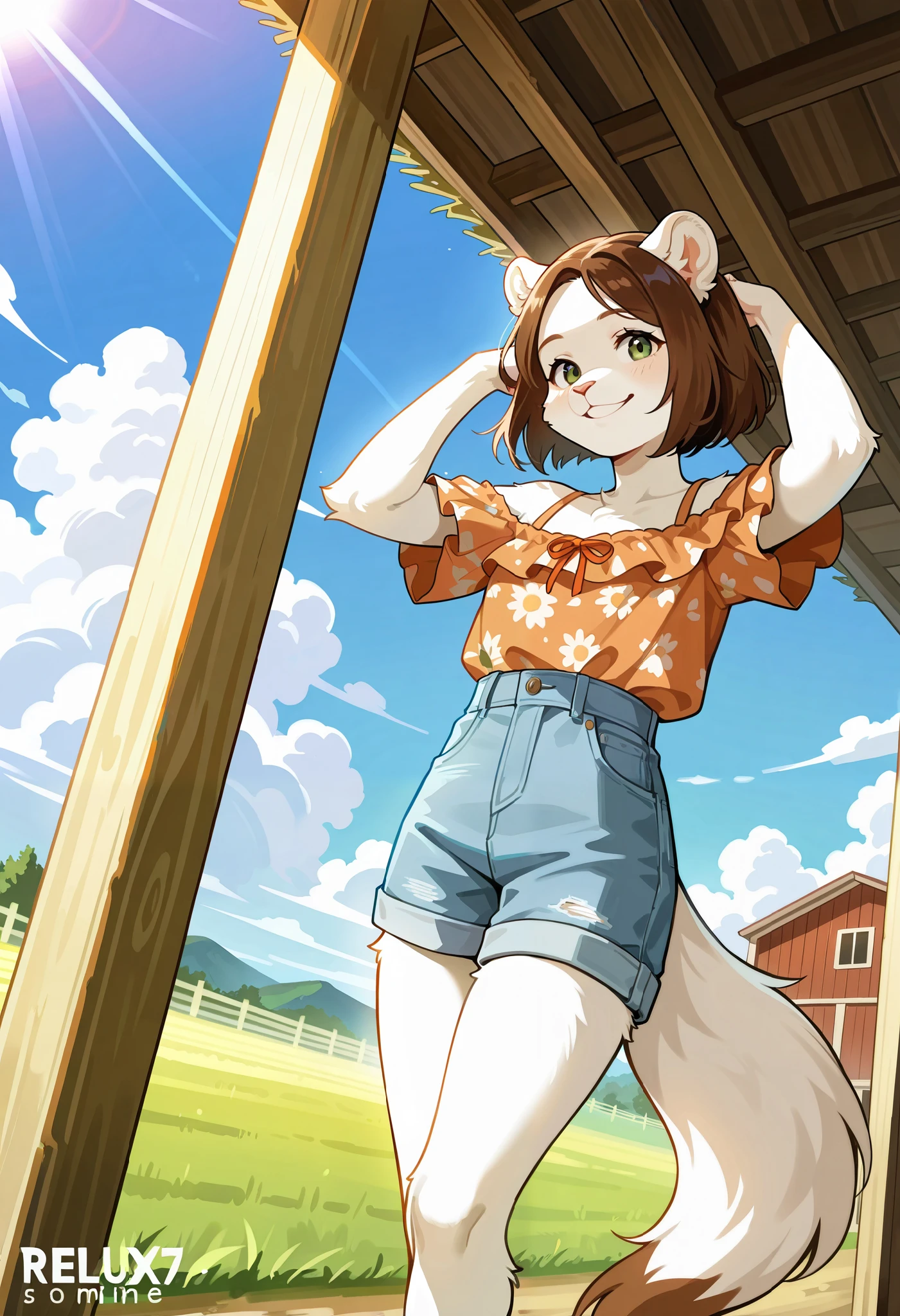rating_safe, score_9, score_8_up, score_7_up, score_6_up, score_5_up, score_4_up, hires, source_furry(one scene of movie)nature, farm, Blue sky, clouds, florals Beautiful garden(furry anthro, solo, girl, casual fashion, Relux pose, Smile)cinematic lighting, dynamic angle,