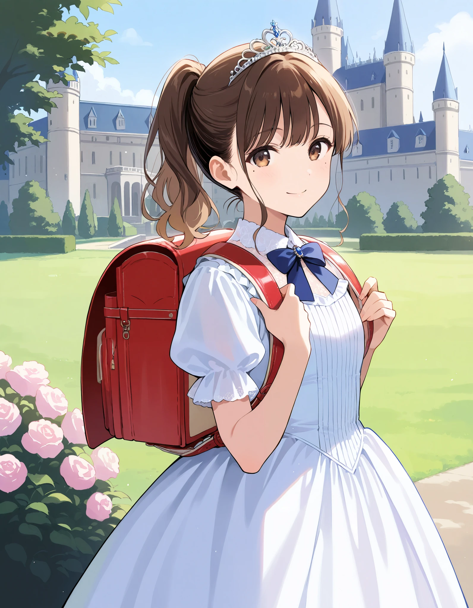 masterpiece, best quality, highres, 1girl, long hair, one side up, solo, ponytail,brown hair, masterpiece, best quality, highres, 1girl, , solo, brown hair, short hair, brown eyes, mole under eye, cowboy shot, luxury dress, princess dress, princess Costume,bowtie, smile (princess:1.2), frilled dress, tiara, castle, outdoor, garden, wearing randoseru backpack, outdoor, day