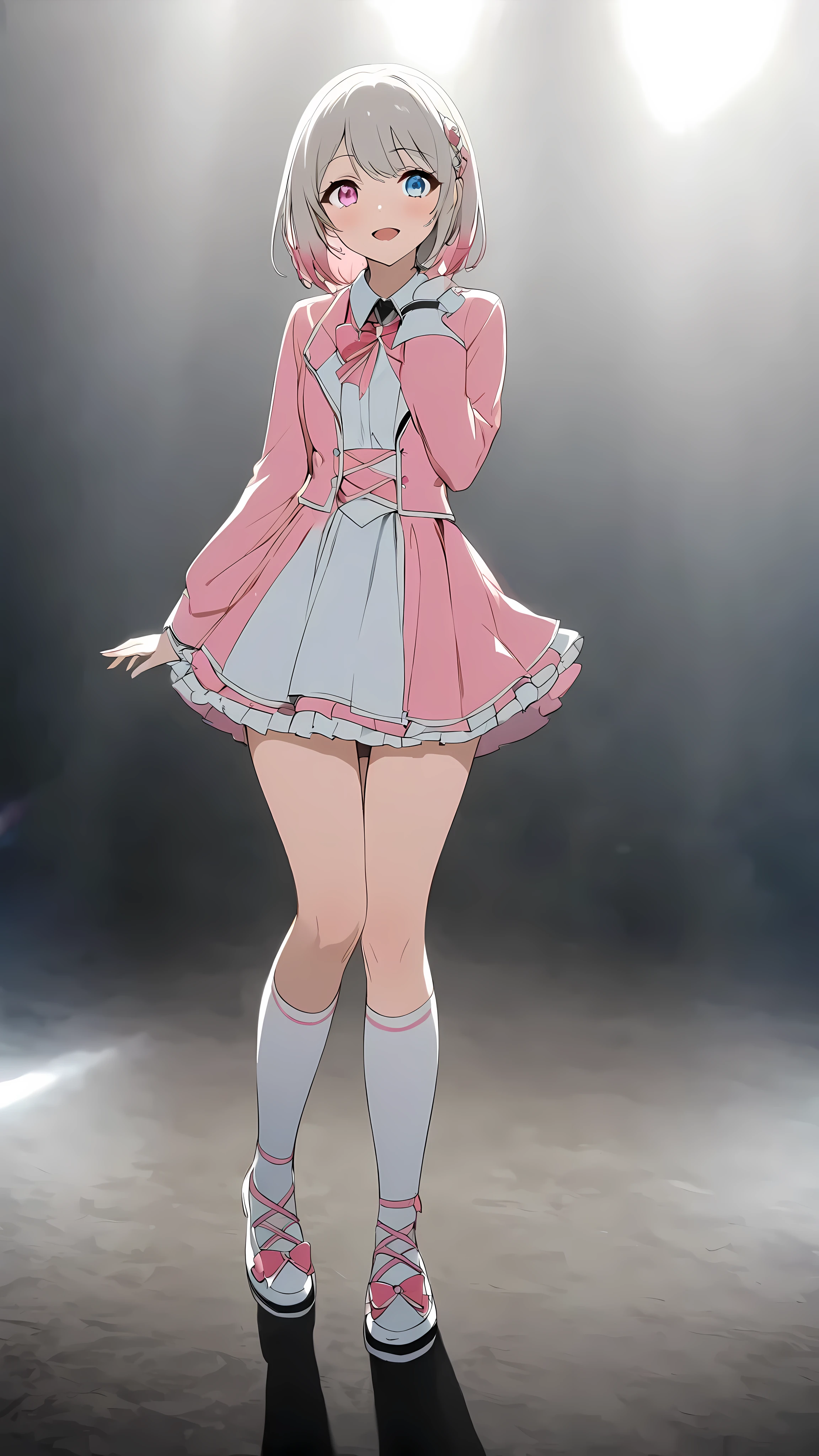 pink costume、 Pink Jacket 、 white shirt、Gray Hair、Gray Hair with pink ends、白の Long Sleeve 、 High socks with pink ribbon、 pink ribbon 、 idol costume、White medium hair with pink tips 、Pink hair with pink tips、 Long Sleeve 、Beautiful Absolute Realm 、full body knee socks 、、白く short hair 、Beautiful Absolute Realm 、alone、、、Depiction of fine eyes 、 short hair 、