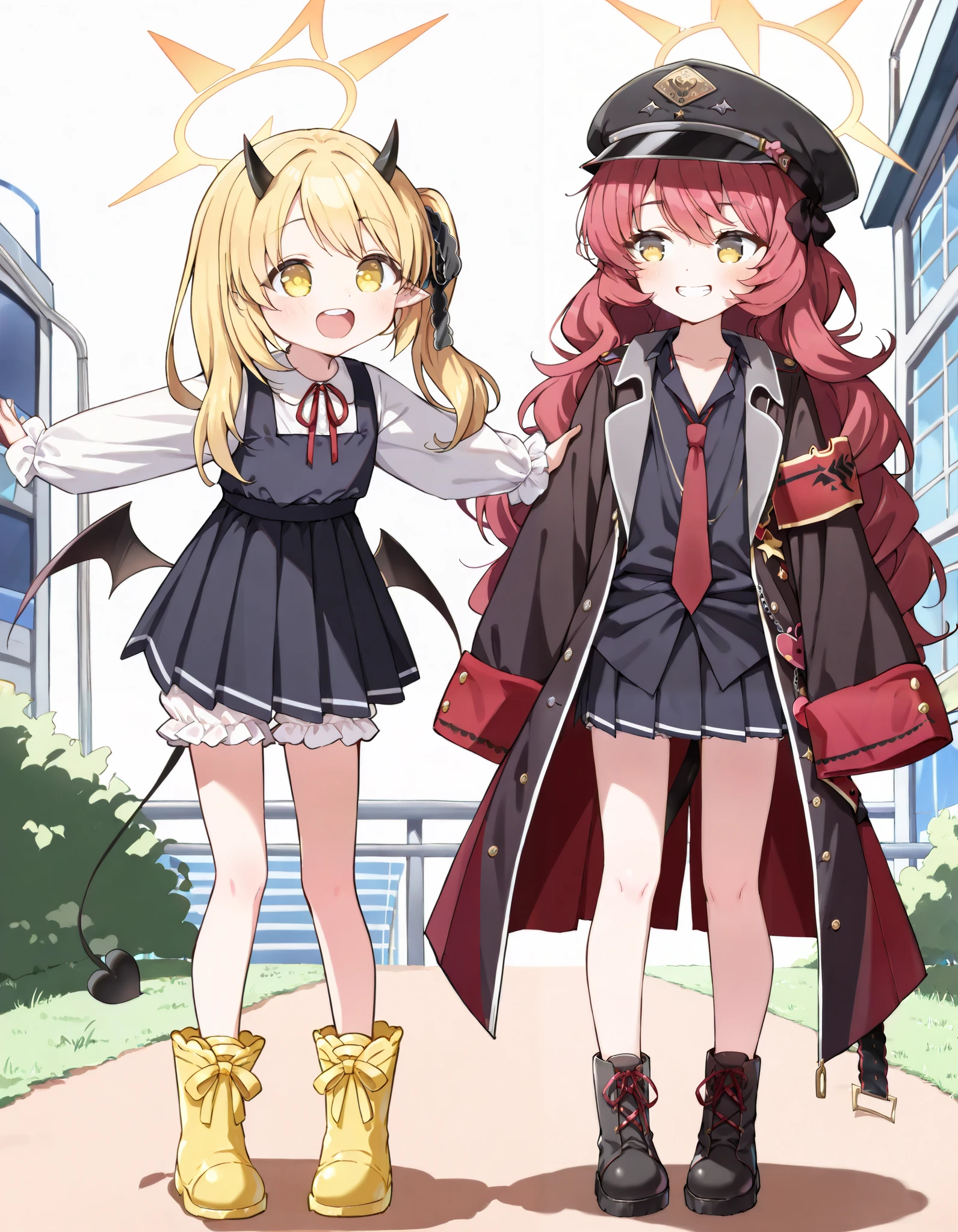 HD, masterpiece, 2girl, standing each other, standing, outdoor, different height body, (( tanga ibuki, ibuki \(blue archive\), blue archive, yellow eyes,blonde hair,side ponytail,halo,hair ribbon,pointy ears,tail,low wings, pinafore dress,white bloomer, yellow boots, happy and confident expression. (ch1ldren playing), short girl, cute girl, (loli:1.2), (ch1ldren:1.2), long straight hair, thin legs, flat chest, flat breasts. (happy, smile, cheerful), short height body)) BREAK ((Iroha, natsume iroha, iroha \(blue archive\),grey eyes,red hair,long hair,halo,hat,black shirt,black skirt,red necktie,boots, tall height body, tall girl, flat chest, flat breasts, cute girl, smile, teeth, happy))