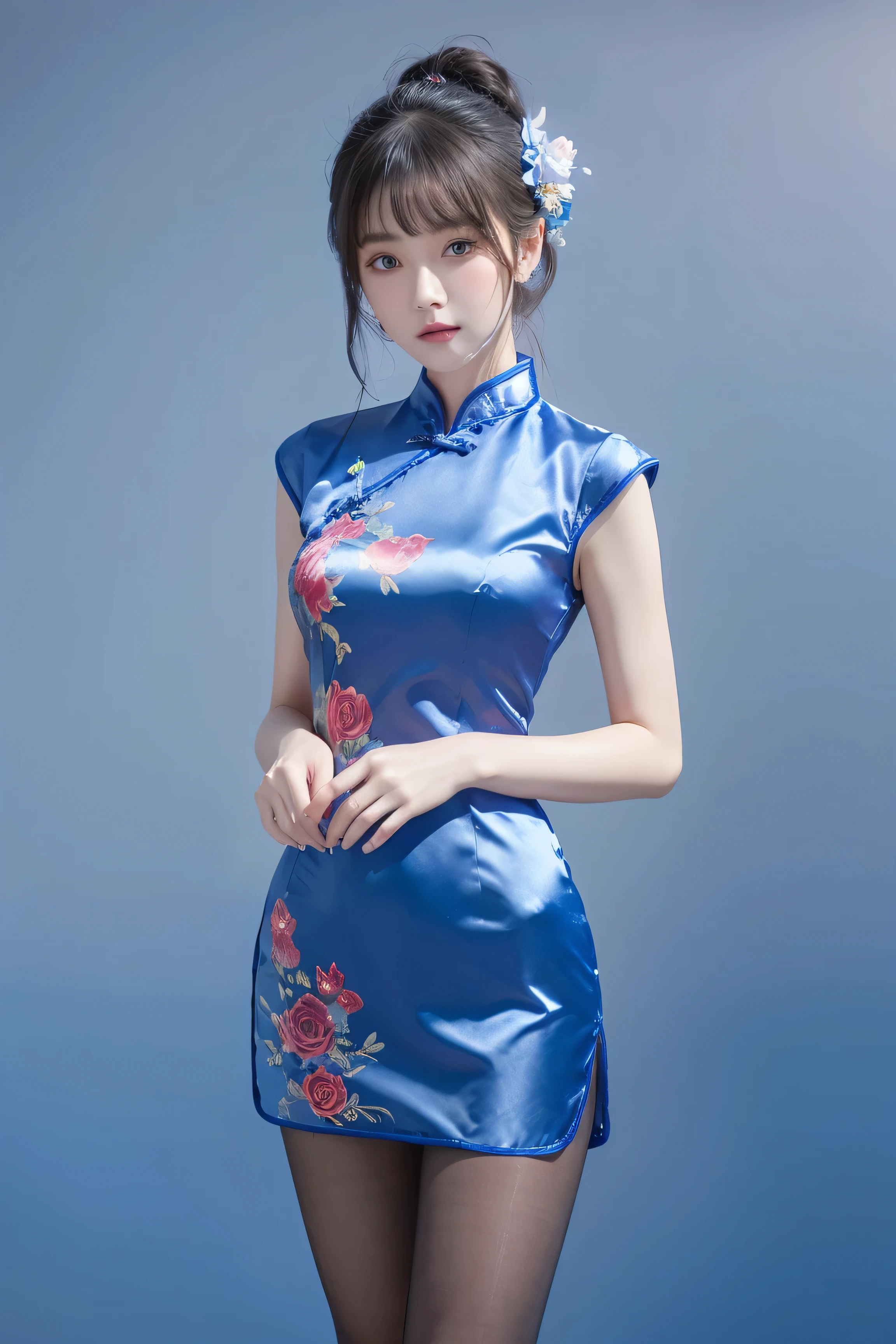 Cheongsam, 1 girl, blue bow, blue eyes, blue flowers, blue ribbon, blue rose, chest, Chinese clothing, Chinese clothing, dress, flower, gradient, gradient background, embroidered ball flower, looking at the audience, small chest, pantyhose, rose, single, thigh pantyhose, Chinese paper fan with painting on it,