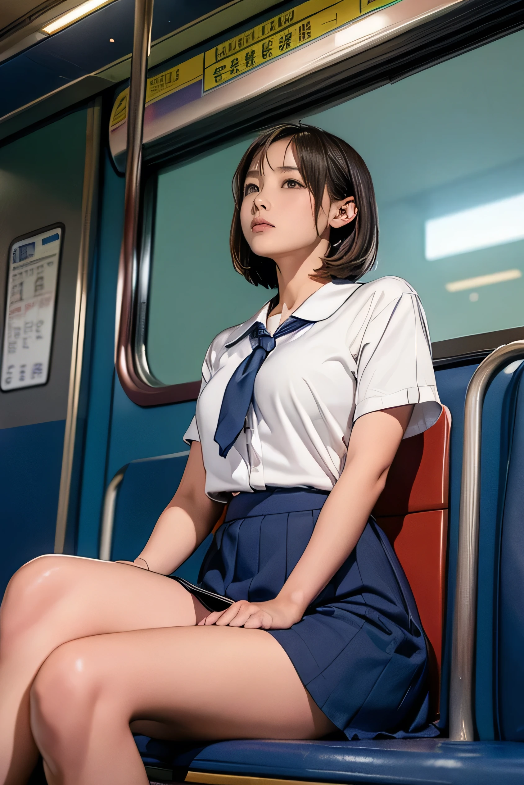 High-resolution images, Atmospheric perspective, 8k, Very detailed, Accurate, Highest quality, 
1 girl, alone, chest, Looking at the audience, (Looking at the audience,:1.5),  
Brown Hair,  Brown eyes, parted lips, smile、underwear, panties, (Japanese School Uniform), 
 (Navy blue mini skirt), (sit in a train seat:1.5), （Spread your legs to the side:1.4)、underwear, panties, parted lips, 
 lips, (Navy Blue Skirt), Full Body Shot,  (((Spread your legs, Arms crossed))), Showing sexy 、(whiteの panties:1.5), Realistic ,
(white, Collared shirt, Ribbon tie),
(Do not expose your upper body:1.5),((Ceiling From below:1.2))、((From below:1.38))、
(Turn your body towards the viewer:1.5) , (From below, look up:1.5), ((15 year old Japanese girl, Short Bob))