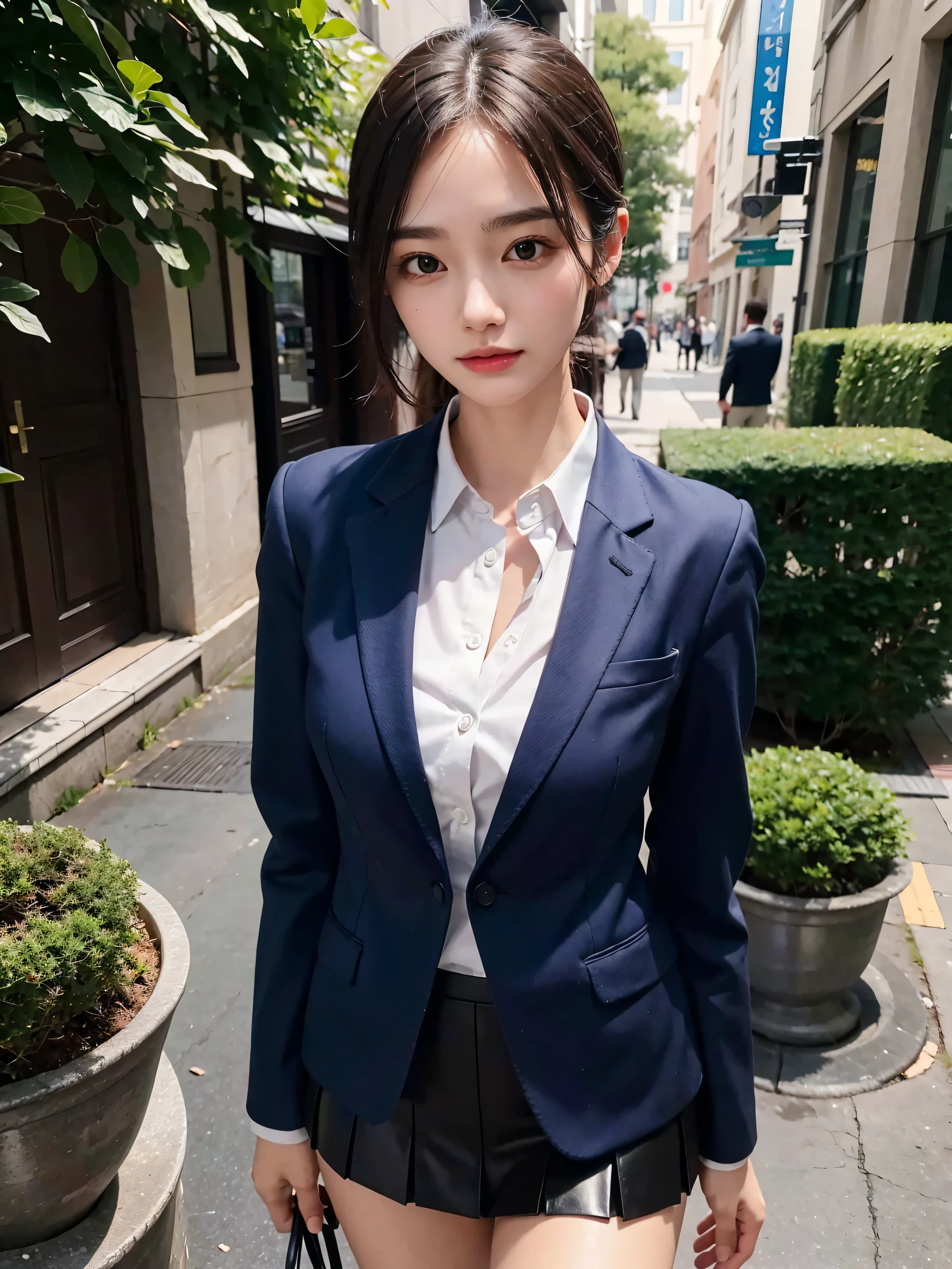 On the way home from the office, Highest quality, shape, Very detailed, In detail, High resolution, 8k wallpaper, Perfect dynamic composition, Beautiful details, Natural Lip, suit, Big Breasts, Cleavage, She is walking and smiling.., A masterpiece of the whole body, Side Short