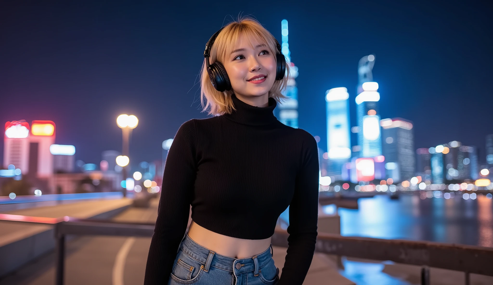 smile、whole body、Black turtleneck sweater、 excellent style、High waist denim、Beautiful waist constriction looking up at the sky、Navel sticking out、 low angle、美しいprofile、The best photos for TikTok、 white hair、 sink、profile、golden inner color hair、 short hair、Beauty、 dynamic angle、ヘッドフォンをしているBeauty、Night city background with neon lights