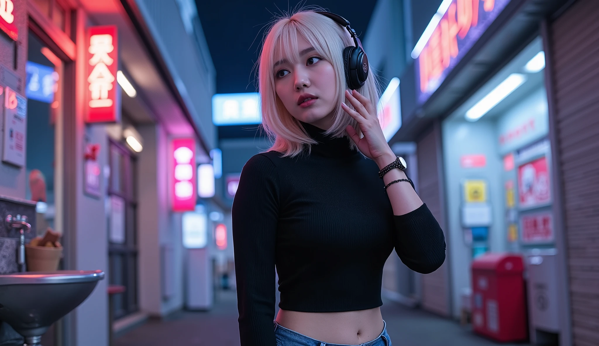 smile、whole body、 NEON STREET 、Black turtleneck sweater、 excellent style、High waist denim、Beautiful waist constriction looking up at the sky、Navel sticking out、 low angle、美しいprofile、The best photos for TikTok、 white hair、 sink、profile、golden inner color hair、 short hair、Beauty、 dynamic angle、ヘッドフォンをしているBeauty、Night city background with neon lights