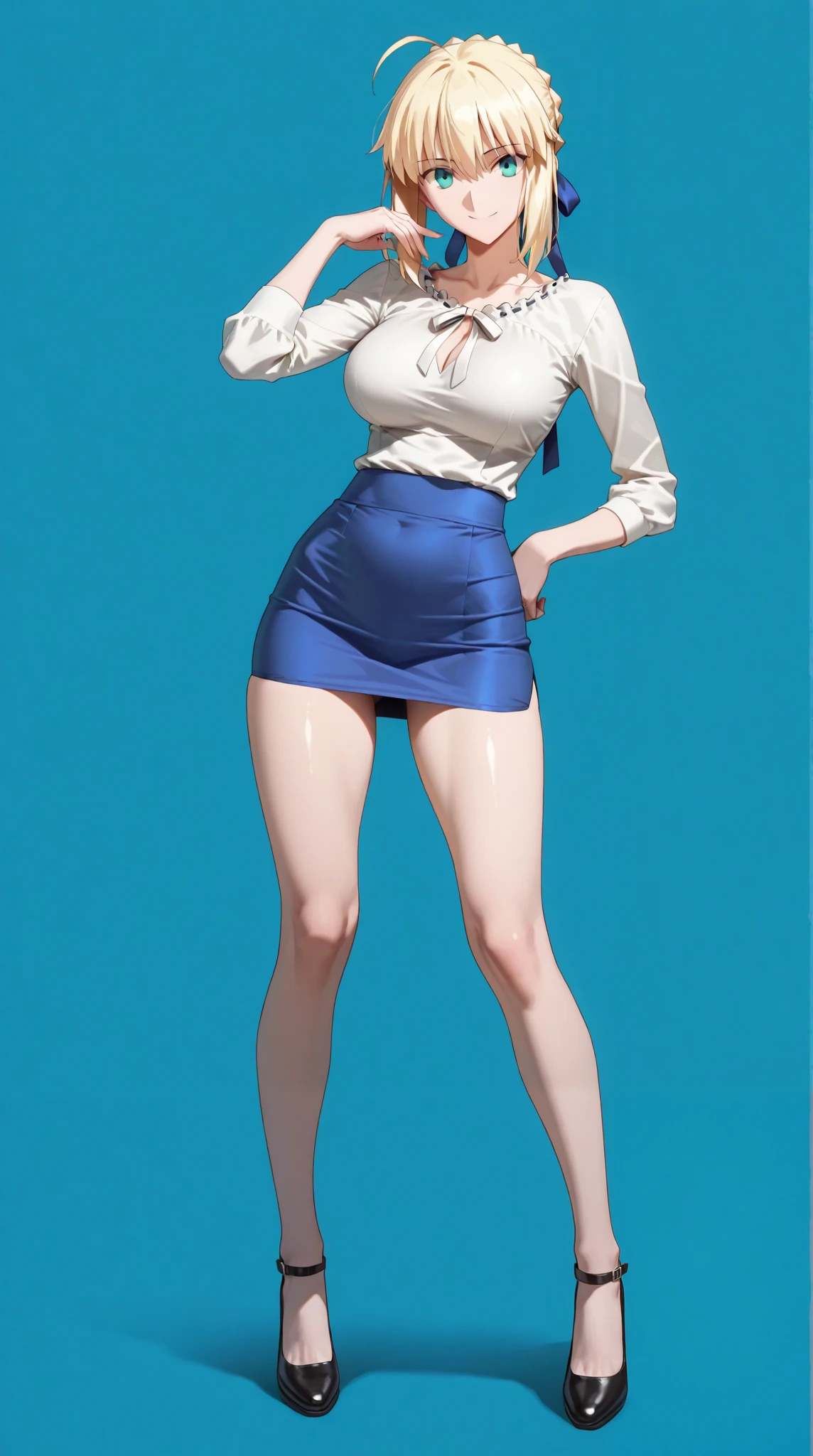 masterpiece, extremely detailed,perfect skin texture,4k,solo,1girl,adult ,((fullbody)),stand up,artoria pendragon,green eyes,smile,blushes,slim body, sexy legs,perfect body,large breasts,white transparant shirt,hot skirt,housewife,soft light, high detailed, best quality, upper body, blue plain background ,blue background,looking at viewers,front look,sexy pose, photography,cowboy shot