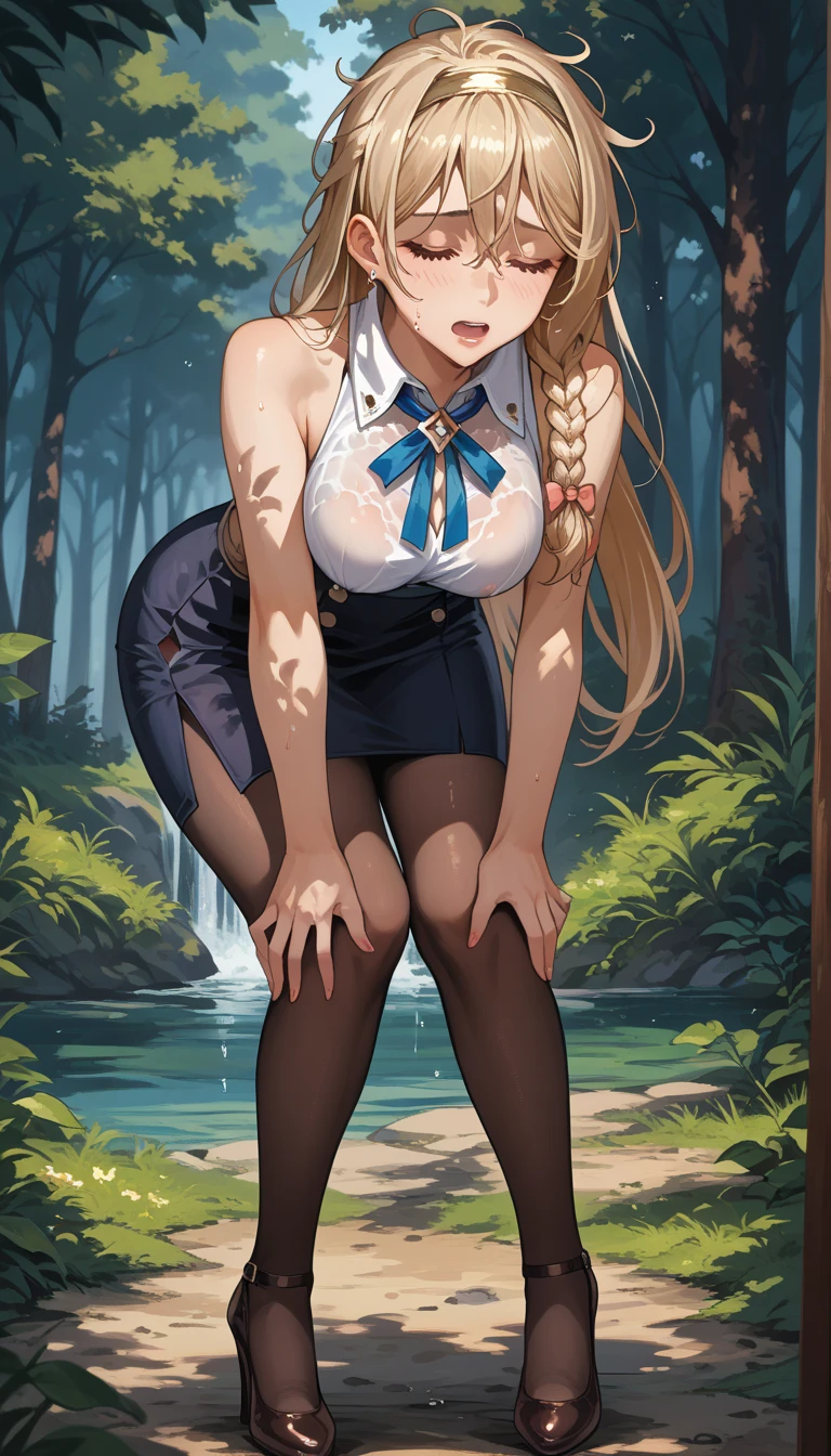 furius girl with a huge curvy body, with long hair, wearing plaid skirt and high black leather heels boots, woman trample grass, viewed from below